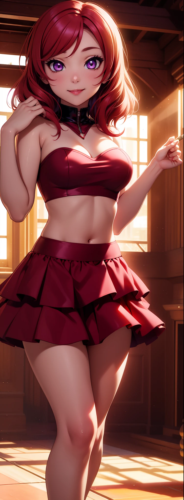 1girl, parted lips, blush, makeup, light smile, black hair, red eyes, crop top, skirt, light rays, glow, thighs, collarbone, narrow waist, (masterpiece), wallpaper,