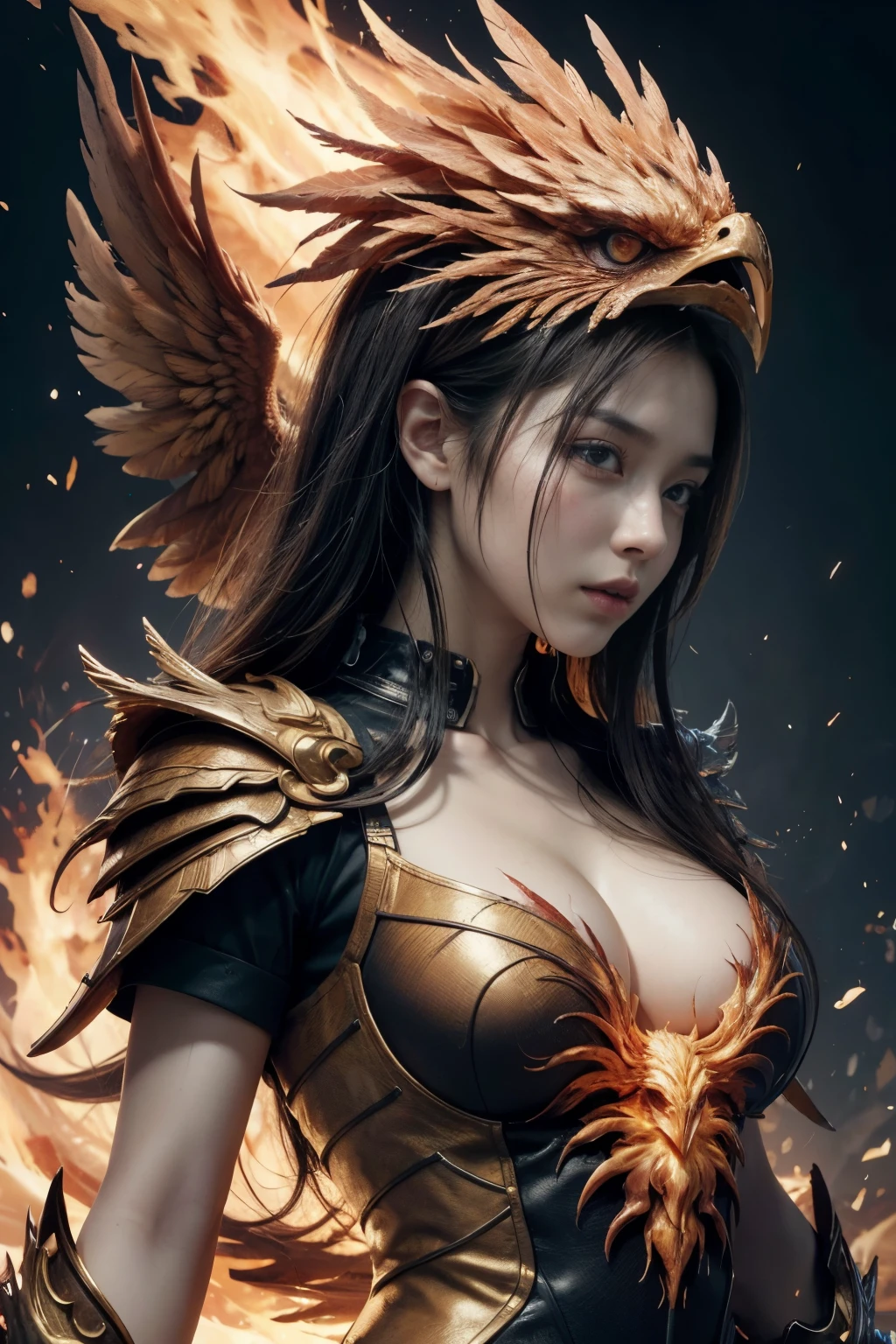 (high quality), (masterpiece), (detailed), 8K, Hyper-realistic portrayal of a futuristic (1girl1.2), Japanese character amidst molten magma with a phoenix. Meticulous details capture the dynamic fusion of tradition and innovation in this visually stunning composition. Trending on Artstation.