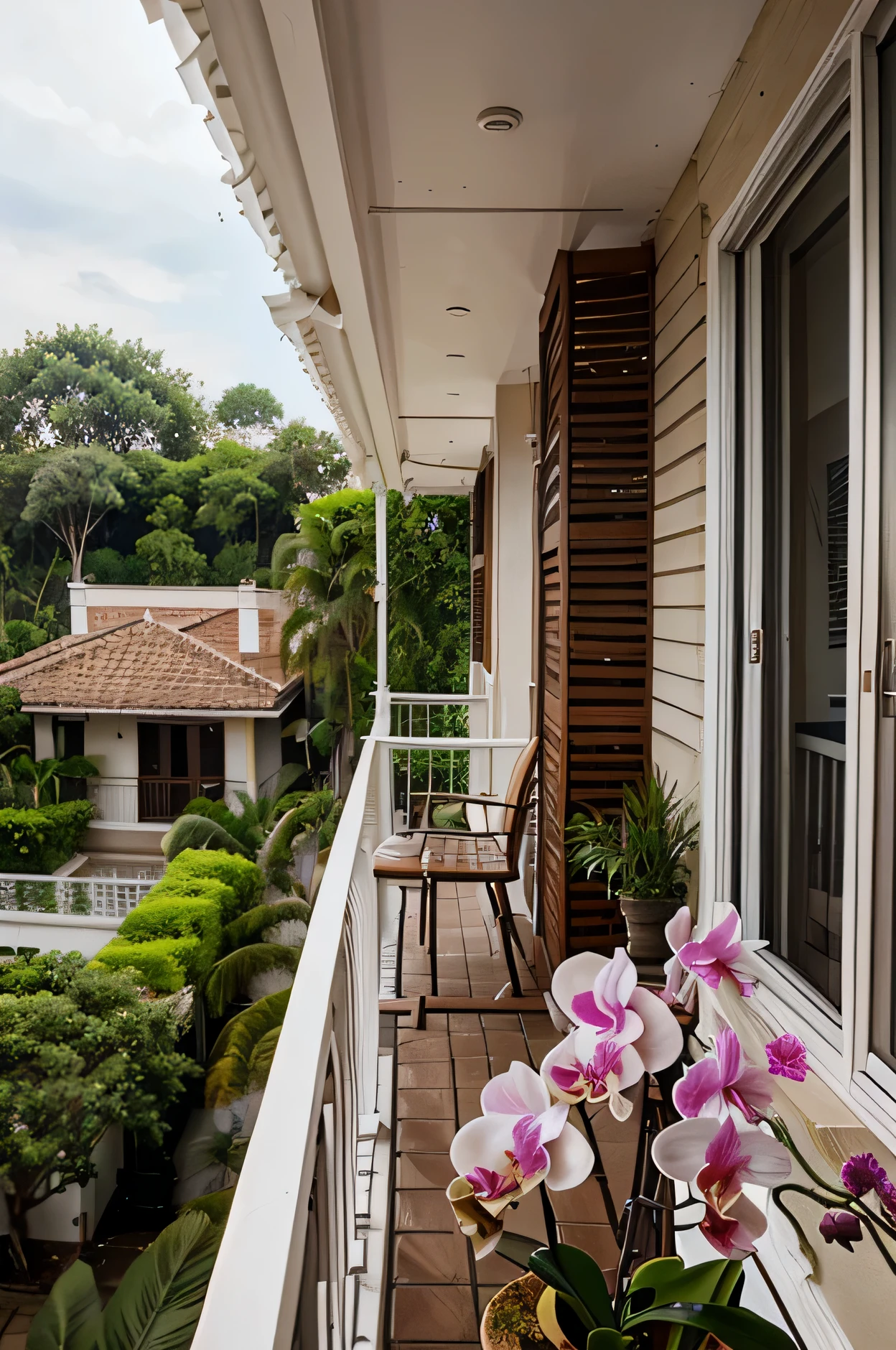 A house with a balcony full of orchid flowers