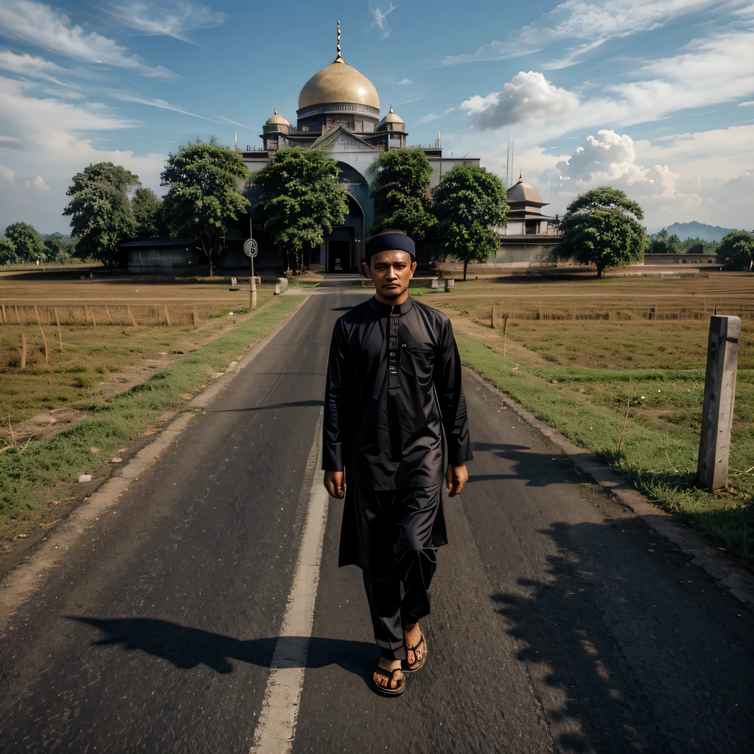 Indonesian man wearing Muslim clothes and black peci while holding a prayer mat, walking out of the mosque with a beautiful rural road in the background