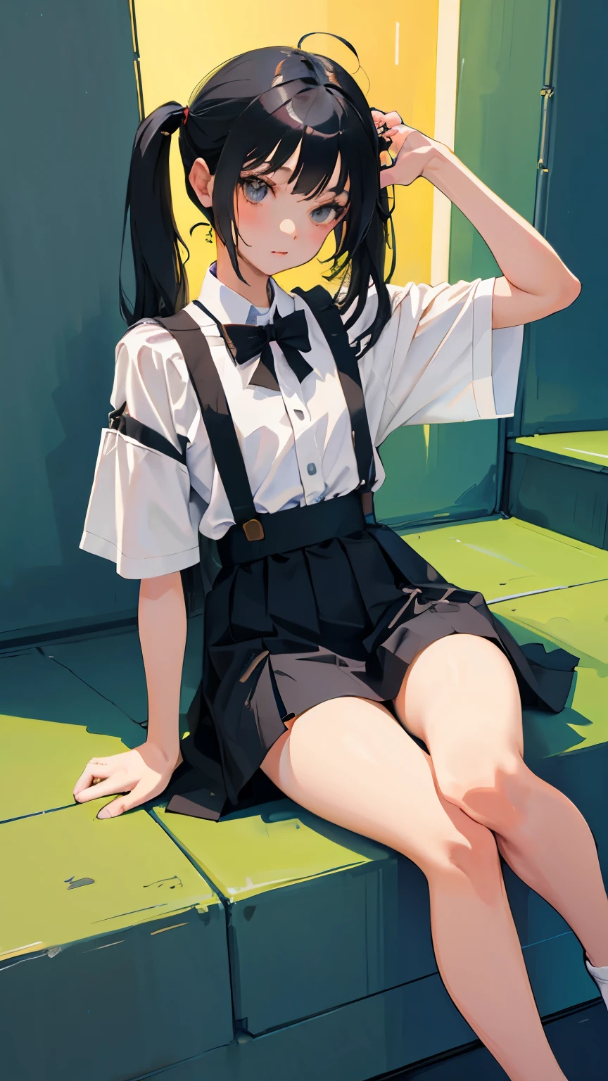 (short cute girl， young studeg delicate girl）,（masterpiece，Top quality)，sit with one&#39;s knees，，short sleeve，Long twin tails with black hair，sleepy