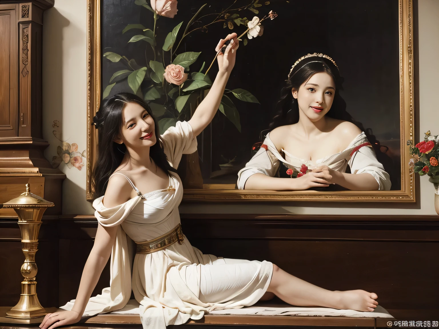 Giorgione painting style,Arguments of two female Philosophe,math、astronomical machine、astronaut、roses in vase、fruits、Cute trinkets、smile、ancient greek costume、Ancient Roman landscape in the style of Nicolas Poussin,laughter,,Sweet and seductive appearance.、Caravaggio's paintings、Chiaroscuro of Caravaggio、hair tousled by the wind,Two women frolicking,cute smile, expression of ecstasy,Sexy,erotic
