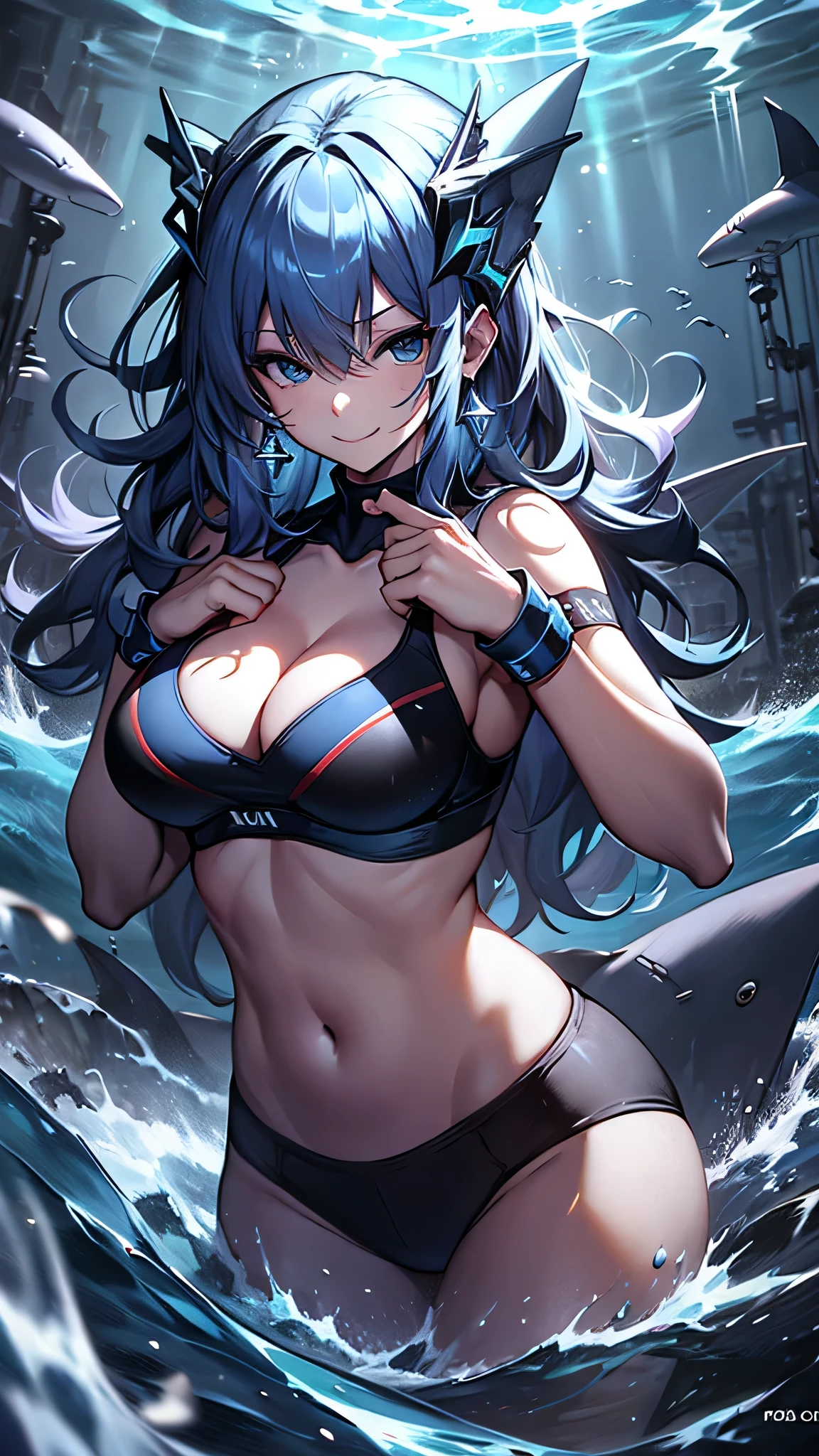 最high quality、best image quality、masterpiece、girl((20-year-old、 By becoming、vest bust、medium bust,wide open breast tea、shining eyes, water hair、long hair、thin,highest valley、blue sports bra、Blue sports pants,diamond earrings、Wristband、black gloves、swimming、Sea、smile、smile、wave hands、seductive pose)),high quality、beautiful art、background((deep sea、Sea、shark、))、Flight、debris flies、Depth of written boundary、movie、visual art、perfect art、8K,genuine、Sea art、anime style