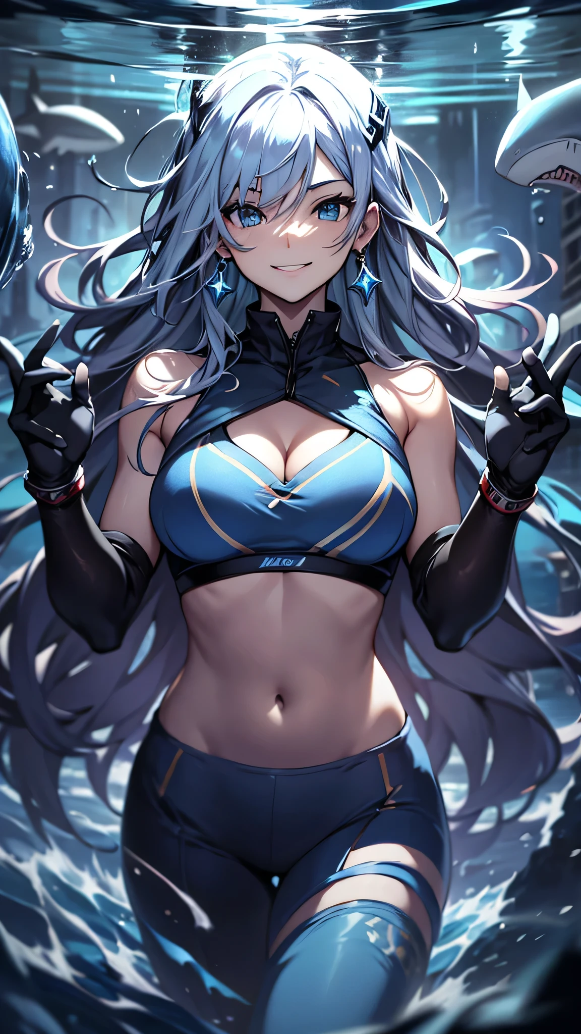 最high quality、best image quality、masterpiece、girl((20-year-old、 By becoming、vest bust、medium bust,wide open breast tea、shining eyes, water hair、long hair、thin,highest valley、blue sports bra、Blue sports pants,diamond earrings、Wristband、black gloves、swimming、Sea、smile、smile、wave hands、seductive pose)),high quality、beautiful art、background((deep sea、Sea、shark、))、Flight、debris flies、Depth of written boundary、movie、visual art、perfect art、8K,genuine、Sea art、anime style