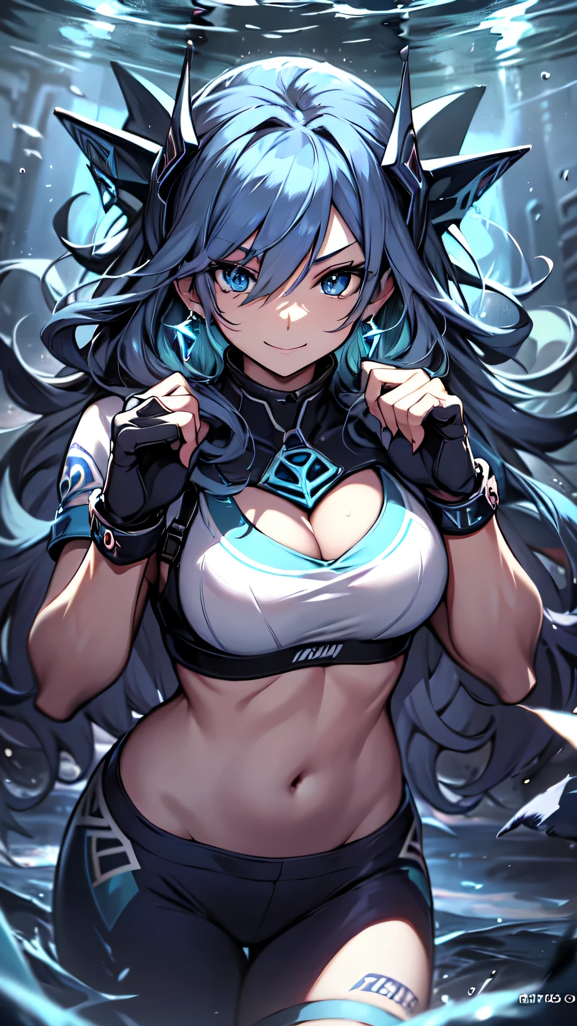 最high quality、best image quality、masterpiece、girl((20-year-old、 By becoming、vest bust、medium bust,wide open breast tea、shining eyes, water hair、long hair、thin,highest valley、blue sports bra、Blue sports pants,diamond earrings、Wristband、black gloves、swimming、Sea、smile、smile、wave hands、seductive pose)),high quality、beautiful art、background((deep sea、Sea、shark、))、Flight、debris flies、Depth of written boundary、movie、visual art、perfect art、8K,genuine、Sea art、anime style