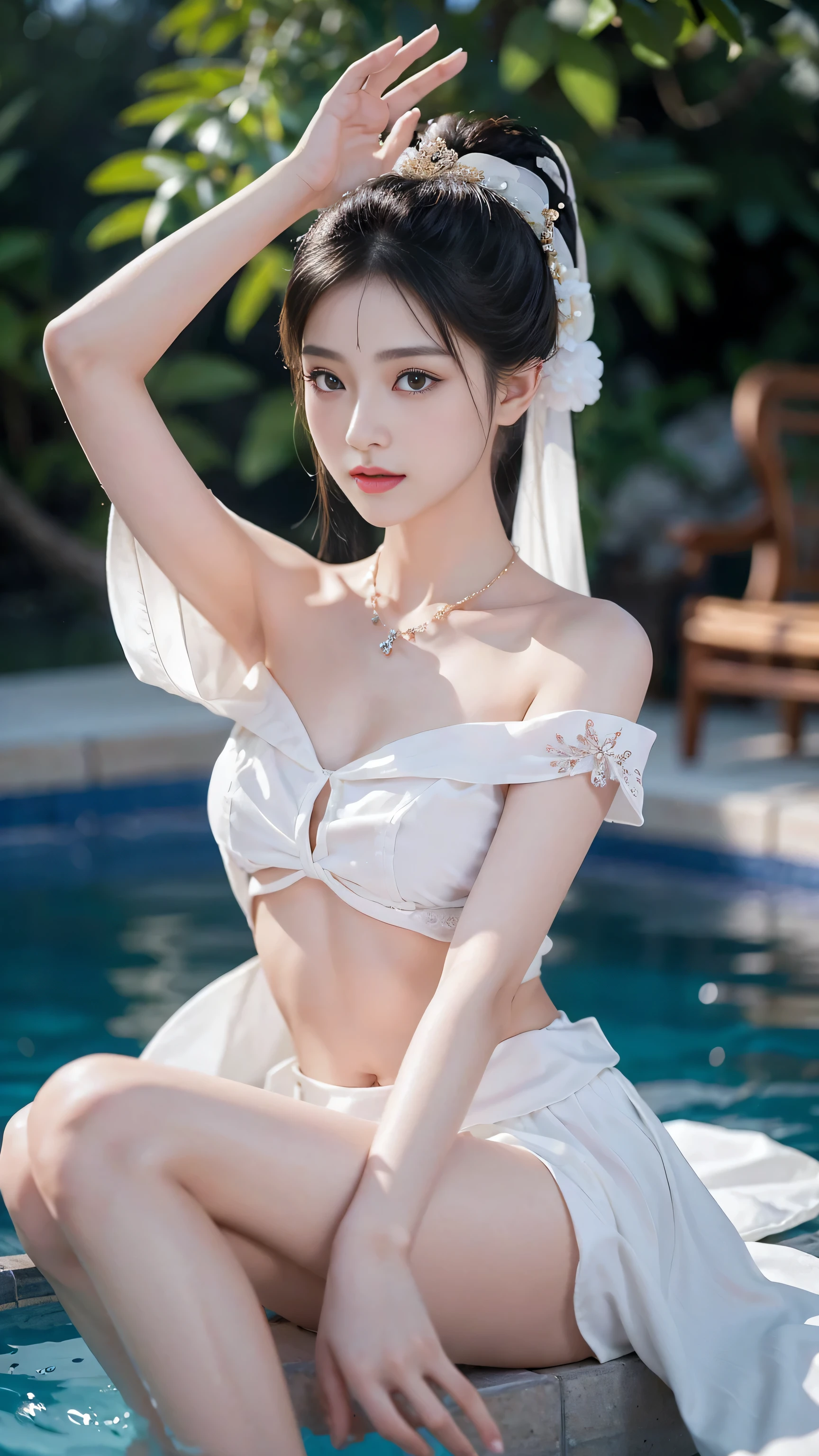 Best image quality，extremely high resolution，Very detailed，stunning girl，sitting in the pool，long eyelashes，big eyes，shining eyes，lying silkworm，plump lips，small nose，a happy expression，Sweet，Exquisite makeup，full-body shot，snow white skin，slim figure，take off shoulders，clavicle，abdomenband，abdomen，abdomen button，Slender white legs，White and tender skin，White embroidered mini skirt，necklace，Showing thighs，lace，Sweet，long hair flying，best quality，masterpiece，full-body shot，facial focus，slim figure，Slim waist white abdomenband，imagine，full-body shot
Model: hanfu, CFG size: 7, Hire high-end people: 1.5, lola: future fashion(0.4)、neon(0.4)、martial arts(0.8)、Asian Face Girls-2(0.4)、poetic fairy tale(0.01)