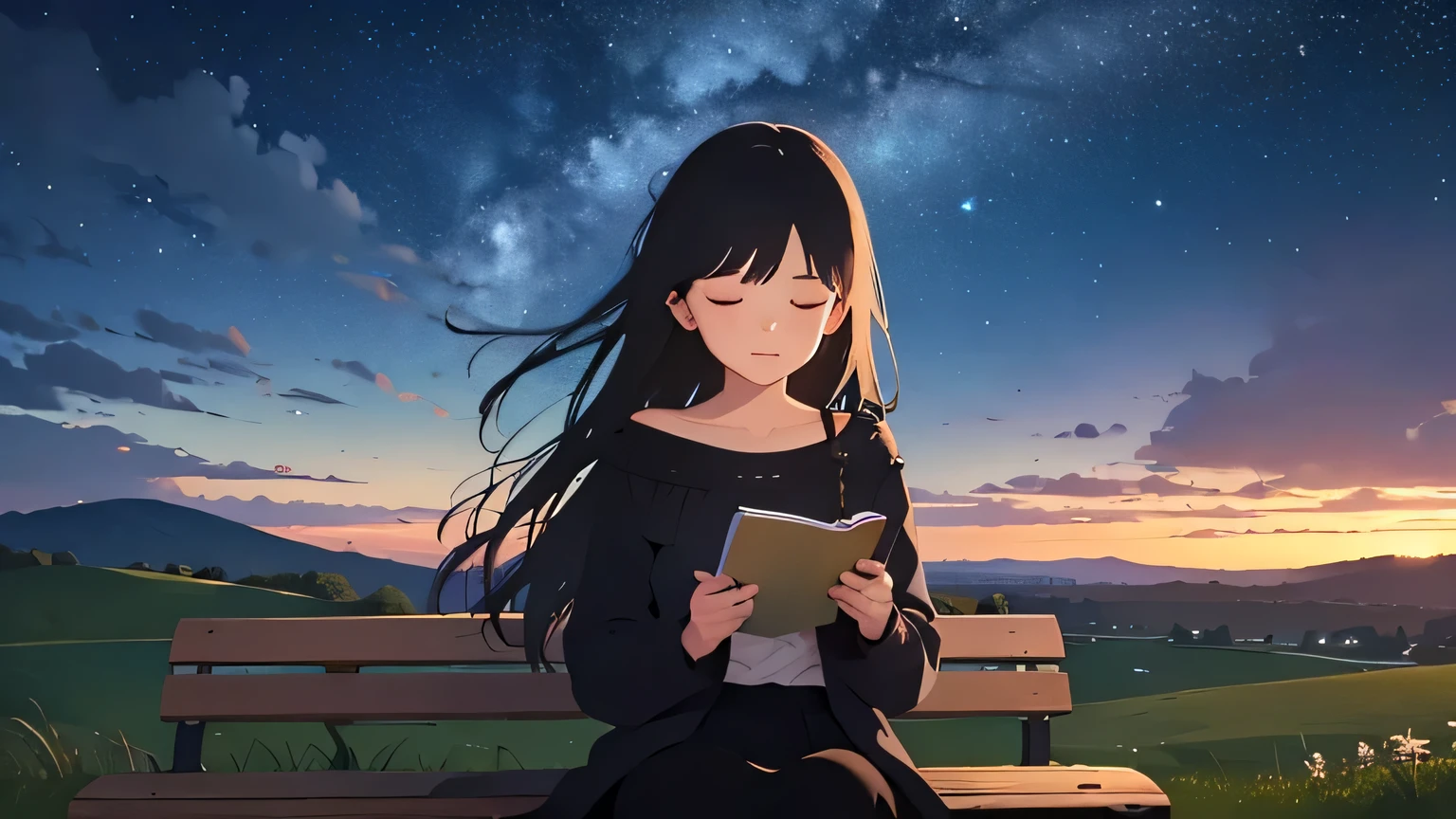 Generate an image of a girl with mid-length black hair, sitting alone on a park bench atop a small hill in a rural area, holding a book with her eyes closed. The lights of a countryside town are twinkling below, offering a view of its night scenery. Above, a starry sky is visible, and her hair is gently swaying in the wind.