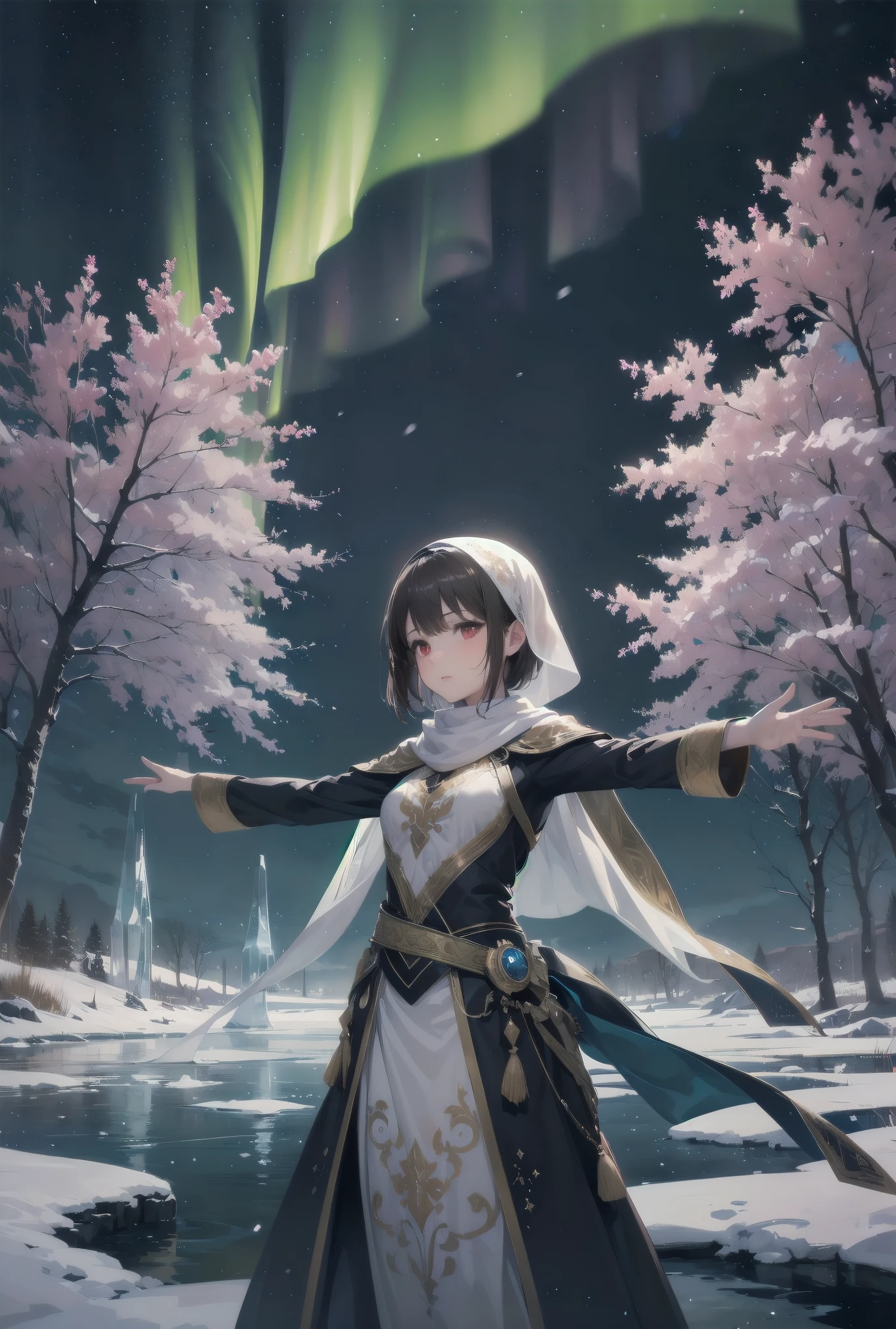 (Female): alone, (perfect face), (detailed costume), (), traveller, (very pretty), curious, observing expression, (outstretched arms), brown hair, bob cut, side ponytail, red eyes, light skin, medium bust, (Arabic dress), (headscarf), (veil) ( Background): front view, tundra, frozen plain, snow covered trees, frozen lake, aurora borealis, night, transparent (Effects): (Masterpiece), (Top quality), (Sharp focus), (Depth of field), (High resolution), artistic realistic illustration, fantasy effects, steam, seven-colour fluorescent luminous particles group