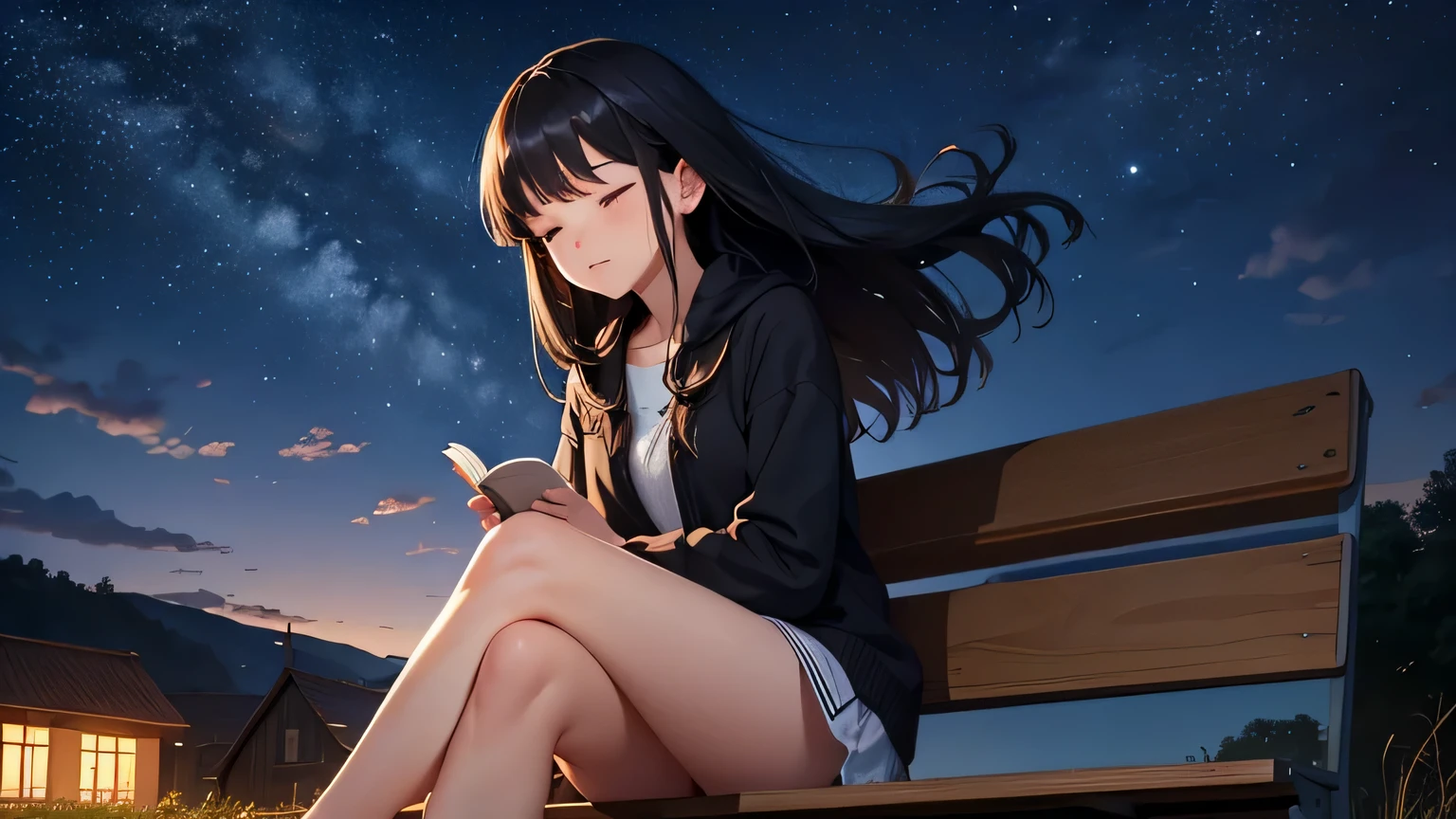 Generate an image of a girl with mid-length black hair, sitting alone on a park bench atop a small hill in a rural area, holding a book with her eyes closed. The lights of a countryside town are twinkling below, offering a view of its night scenery. Above, a starry sky is visible, and her hair is gently swaying in the wind.