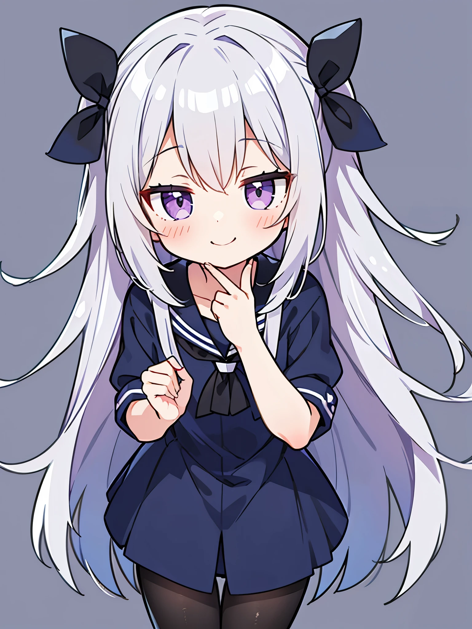 cute girl,navy blue and black ,tights, silver hair,simple background,1 girl, purple eyes, looking at the viewer, blush, smile