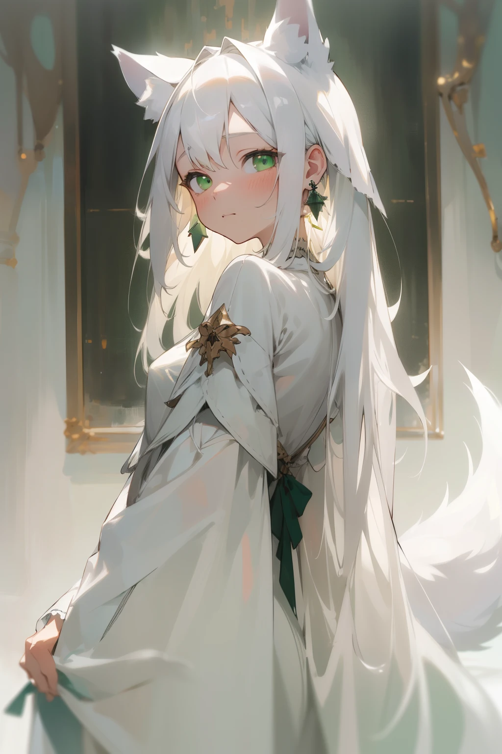 ((masterpiece, Best quality)), 1 girl, adult, 25 years, long white hair, (green eyes), detailed eyes, bright skin, Fragile physical, white clothes, detailed clothing, a dark room, Detail room, earrings in the ears, I look at the viewer, blush on cheeks, calm face, wolf white ears and tail, Erotic clothing 
