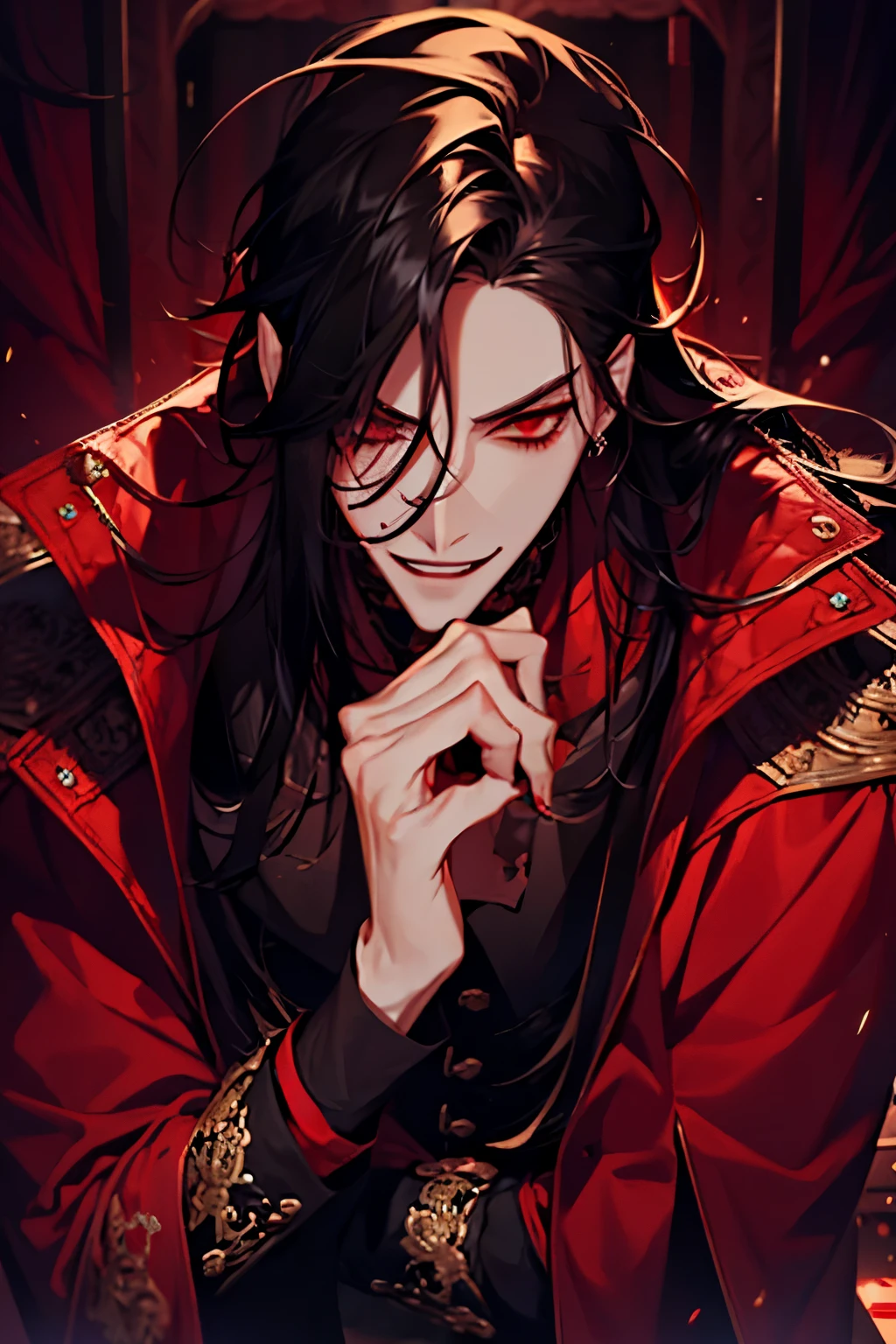 close up of a person in a red coat and black hair, alucard, full body, beautiful male god of death, vampire fashion, detailed anime character art, male vampire of clan banu haqim, full body black and red longcoat, l vampire, with his long black hair, androgynous vampire, detailed 25 year old male face, ultra realistic anime red eyes no emotions, INTJ, intelligent