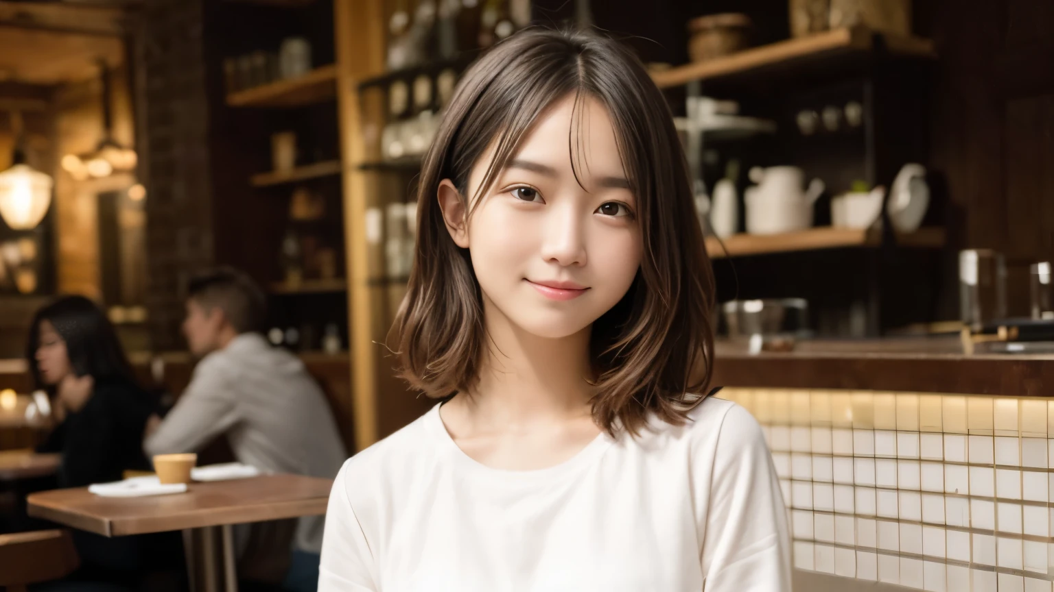masterpiece, best quality, 8k, disorganized person, (Upper body:1.4), stylish cafe,white shirt, beautiful girl, pretty face, looking at the viewer, smile, super realistic, high resolution, picture, sharp focus, HDR, face light, dynamic lighting, movie lighting, professional shadow, beautiful cafe background, best details, very detailed, Super detailed, finely, real skin, delicate facial features, detailed face and eyes, sharp pupils、real students