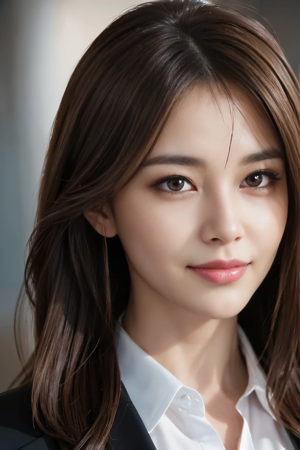 table top, highest quality, realistic, Super detailed, finely, High resolution, 8k wallpaper, 1 beautiful woman,, light brown messy hair, wearing a business suit, sharp focus, perfect dynamic composition, beautiful and detailed eyes, thin hair, Detailed realistic skin texture, smile, close-up portrait, model body shape