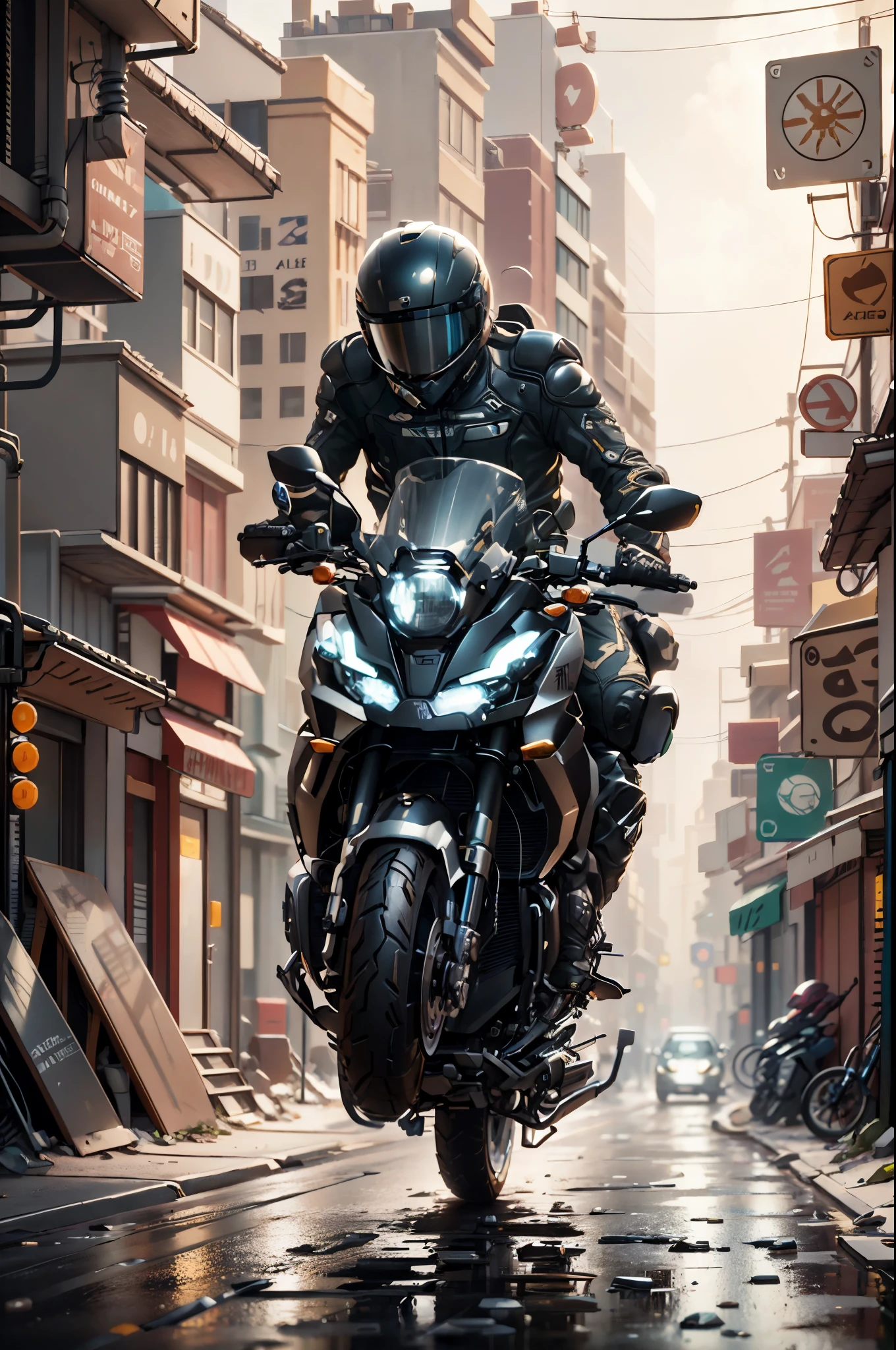 arafed man riding a motorcycle in the air with a helmet on, black octane render, motorbiker, motorcycle, in game capture 3d render, riding a futuristic motorcycle, 8 k octane detailed render, 8k octane render, 8 k octane render, sitting on cyberpunk motorbike, high octane render, octane 4k render, octane 4 k render