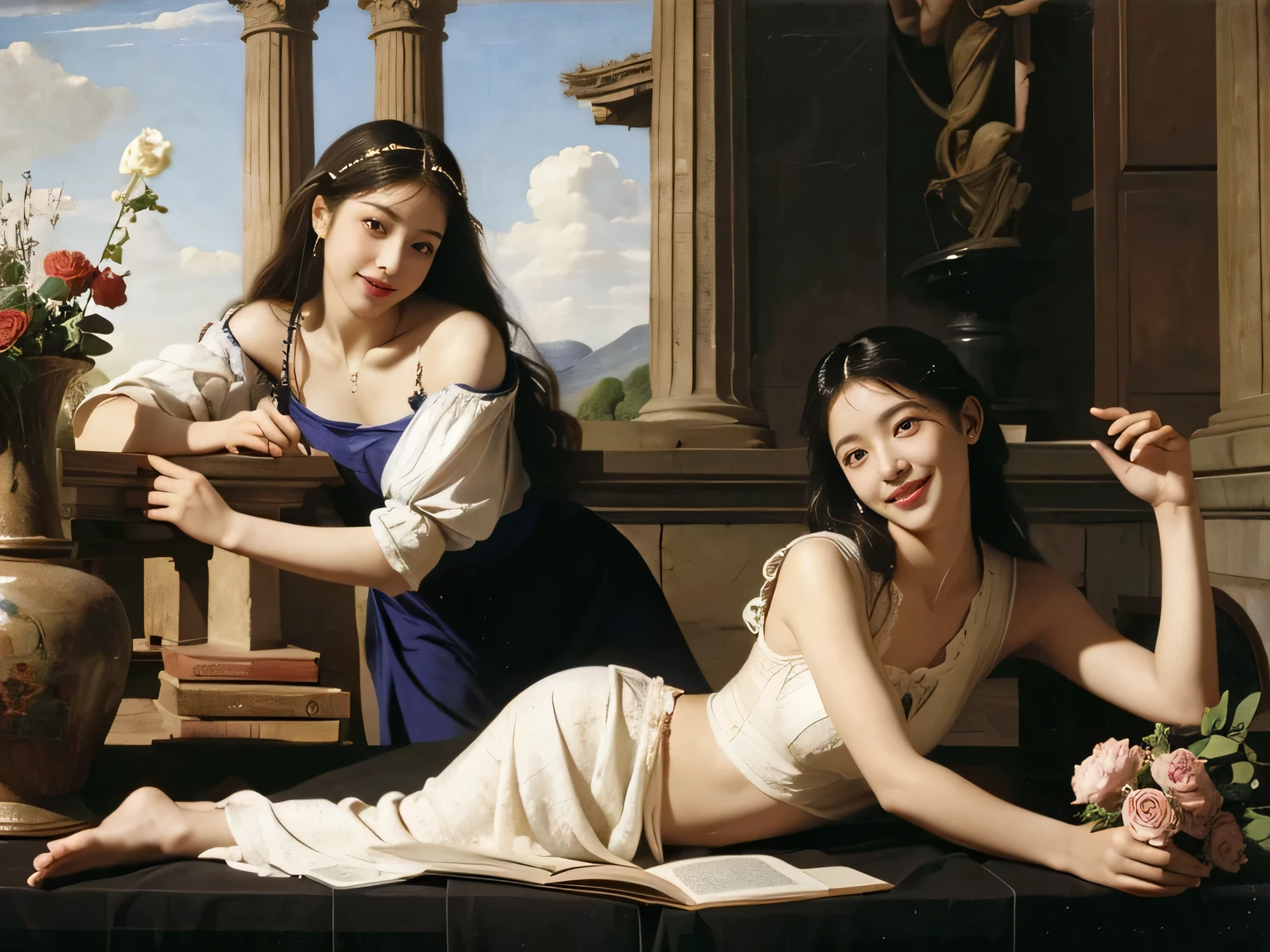 Giorgione painting style,Arguments of two female Philosophe,math、astronomical machine、astronaut、roses in vase、fruits、Cute trinkets、smile、ancient greek costume、Ancient Roman landscape in the style of Nicolas Poussin,laughter,,Sweet and seductive appearance.、Caravaggio's paintings、Chiaroscuro of Caravaggio、hair tousled by the wind,Two women frolicking,cute smile, expression of ecstasy,Sexy,erotic