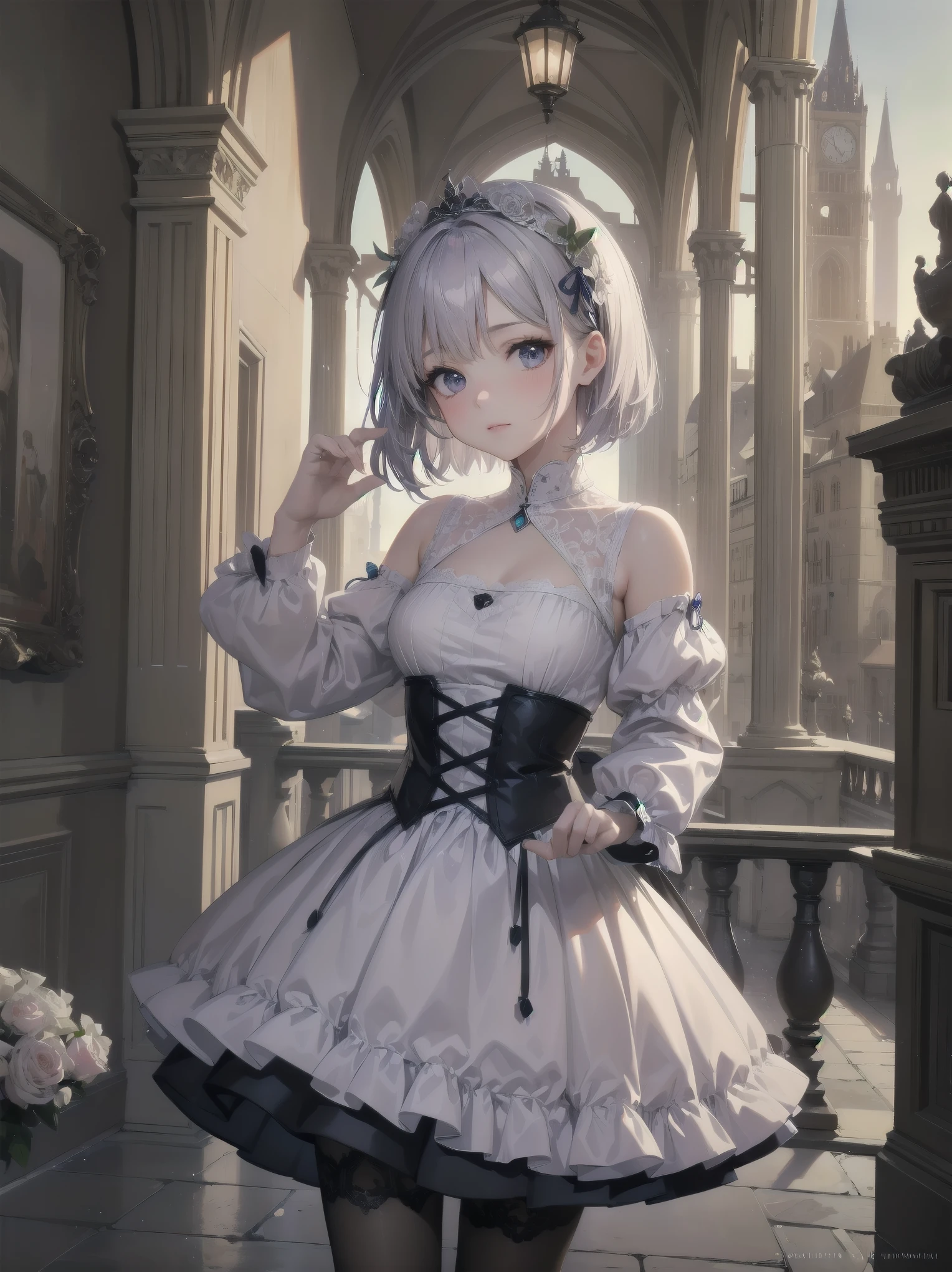 Concept:Childhood Bride: A wedding ring shining on the ring finger
Fusion of medieval European fashion
Emphasis on the elements of cuteness and longing
Illustrations of poses that express the overwhelming cuteness of the characters in the foreground
Overwhelming architectural and cityscape backdrops with ultra-detailed and richly detailed modern interpretations of medieval Europe and fantasy worlds
Realistic textures, professional artistic shading and light sources, scene-like cinematography and effects, subject depth
One beautiful girl, super cute, bob cut, side ponytail, perfect anatomy
Colors: pastel, white, pale purple, blue, gingham check
Materials: chiffon, lace, satin, velvet, etc.
Silhouette: Fluffy skirt, A-line, long length
Decoration: Ruffles, ribbons, lace, pearls, embroidery, etc.
Coordinates: Romantic princess: pastel-colored dress, lace blouse, fluffy skirt, ribbon hair accessory, black tights
Add accessories and accessories for a unique look