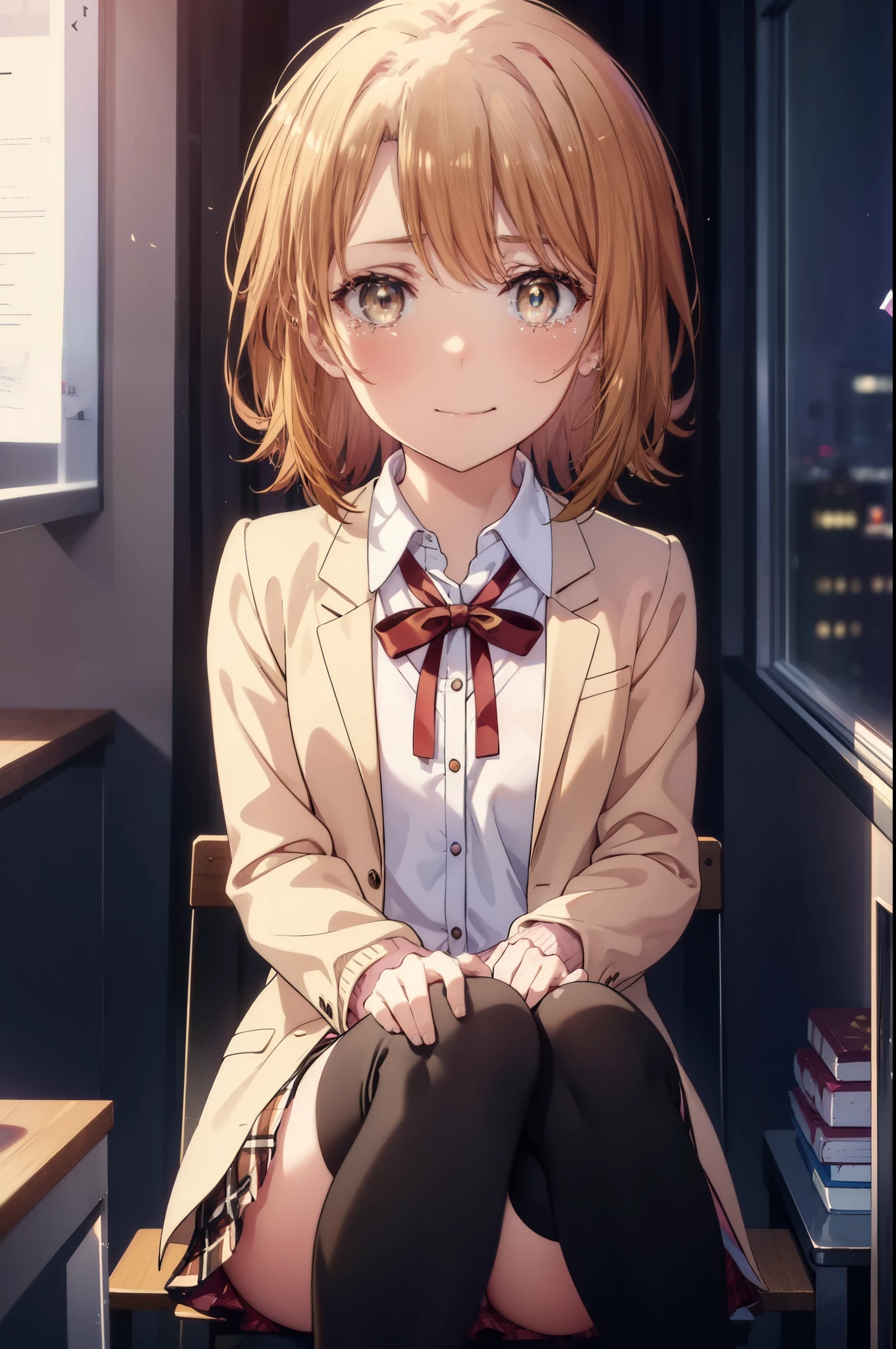 irohaisshiki, Isshiki Iroha, short hair, light brown hair, (brown ruby eyes:1.5), smile,tears run down her face,tears of joy、I cry a lot、break skirt, shirt, ribbon, , Jacket, white shirt, open clothes, socks, open Jacket, black Jacket, plaid, knee high, plaid skirt, blazer, cardigan, black socks, pink cardigan, the room is expensive ,birthday,There is a birthday cake on the table,sitting in a chair,confetti,
break indoors,classroom ,
break looking at viewer,
break (masterpiece:1.2), highest quality, High resolution, unity 8k wallpaper, (shape:0.8), (beautiful and detailed eyes:1.6), highly detailed face, perfect lighting, Very detailed CG, (perfect hands, perfect anatomy),