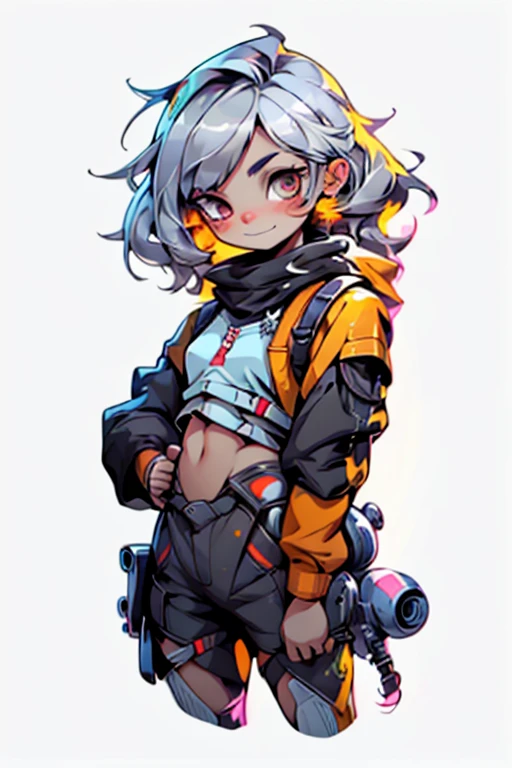 stiker,simple background,white background, draw only girl,((best quality)),in 8K,cinematic lighting,ray trace, cute, kawaii,1 girl,small kid,silver brite hair,long twin tail hair,yellow eyes,eyes are sparkling,smile face,girl wearing heavy mechanic combat suit, skin color light brown,big eyes