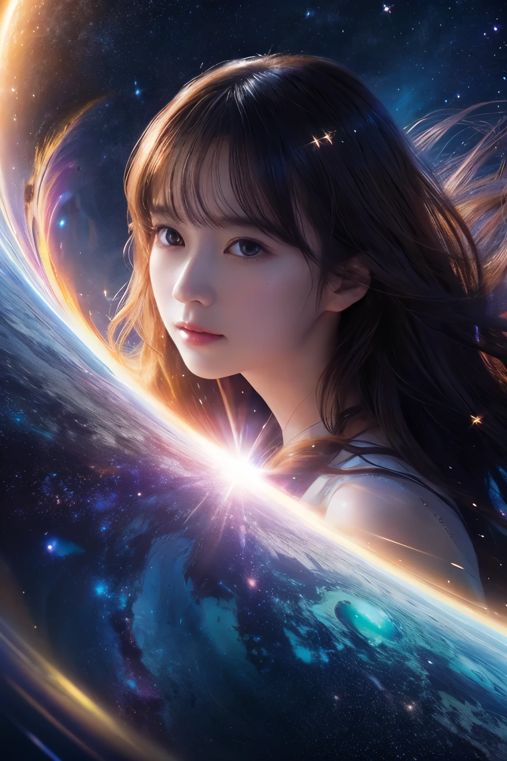 High quality, Best Quality, masutepiece, Detailed portrait of a woman 1 girl, Long hair, (floating, spaces, Galaxy, Colorful), Warm lighting, Goddess, Galaxy, Scenery, Multicolored corollas of hair, {{{Best Quality}}}, {{Ultra-detailed}}, {Illustration}, Cinematic Angle, {Detailed light},Cinematic lighting, celestial, Dynamic Pose