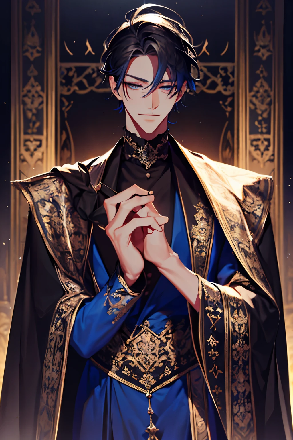 a close up of a person wearing a cape and a cape, wearing fantasy formal clothing, beautiful androgynous prince, ((wearing aristocrat robe)), delicate androgynous prince, regal dark blue clothes, silver brocaded dark blue clothes, costume with blue accents, dark ornate royal robes, imperial royal elegant clothing, elegant cape, royal cape, fur coat, black hair, blue eyes, absurderes，A high resolution，ultra - detailed），1 person，Adult，handsome，tall and muscular boy，a broad shouldered，detailed 25 year old male face, Fine and detailed eyes and detailed face，Short black hair，Onyx-colored eyes，fanciful，shadow effect, flame，Divine brilliance，