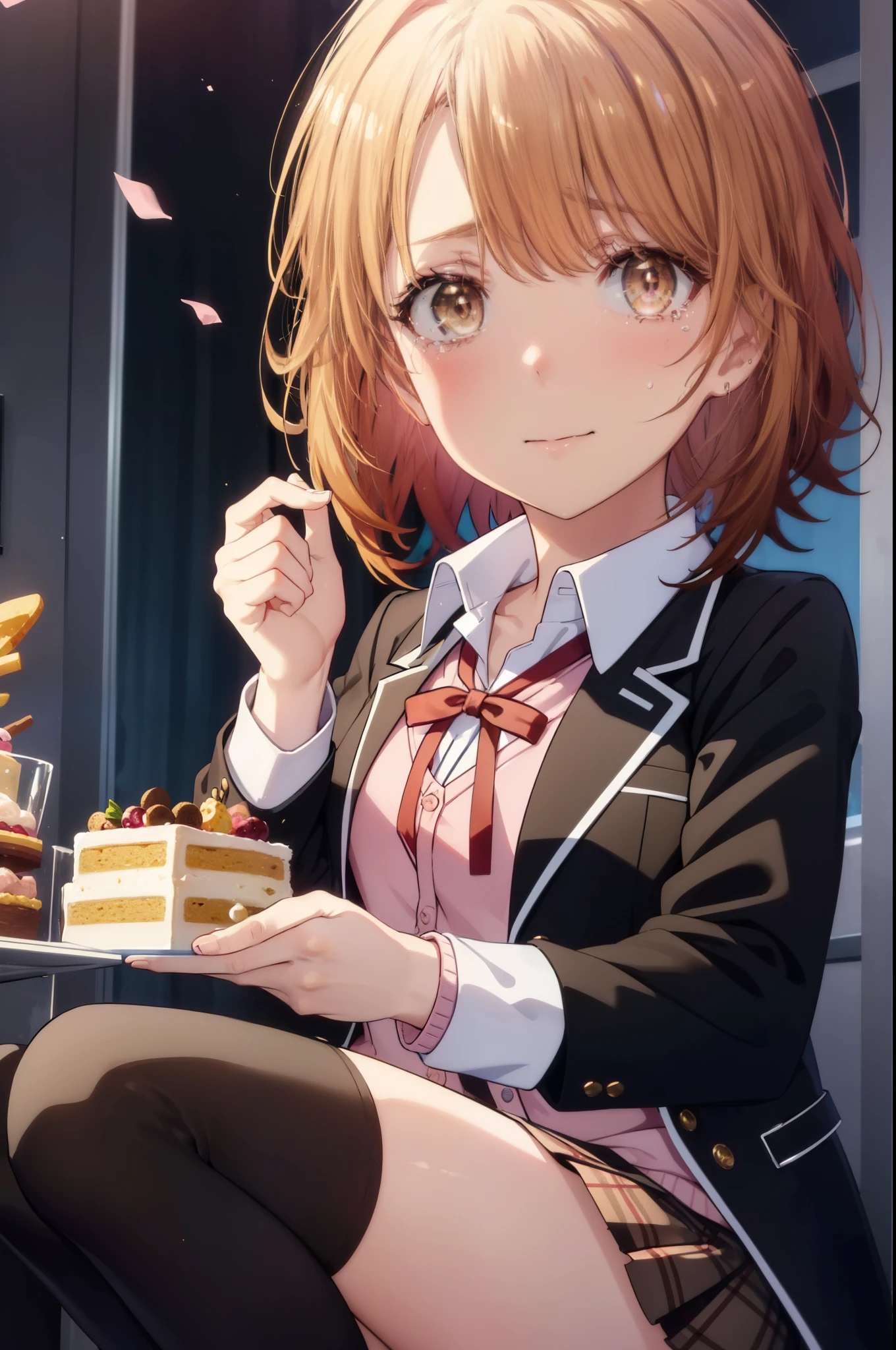 irohaisshiki, Isshiki Iroha, short hair, light brown hair, (brown ruby eyes:1.5), smile,tears run down her face,tears of joy、I cry a lot、break skirt, shirt, ribbon, , Jacket, white shirt, open clothes, socks, open Jacket, black Jacket, plaid, knee high, plaid skirt, blazer, cardigan, black socks, pink cardigan,Cake Buffet, the room is expensive ,birthday,There is a birthday cake on the table,sitting in a chair,confetti,
break indoors,coffee shop ,
break looking at viewer,
break (masterpiece:1.2), highest quality, High resolution, unity 8k wallpaper, (shape:0.8), (beautiful and detailed eyes:1.6), highly detailed face, perfect lighting, Very detailed CG, (perfect hands, perfect anatomy),