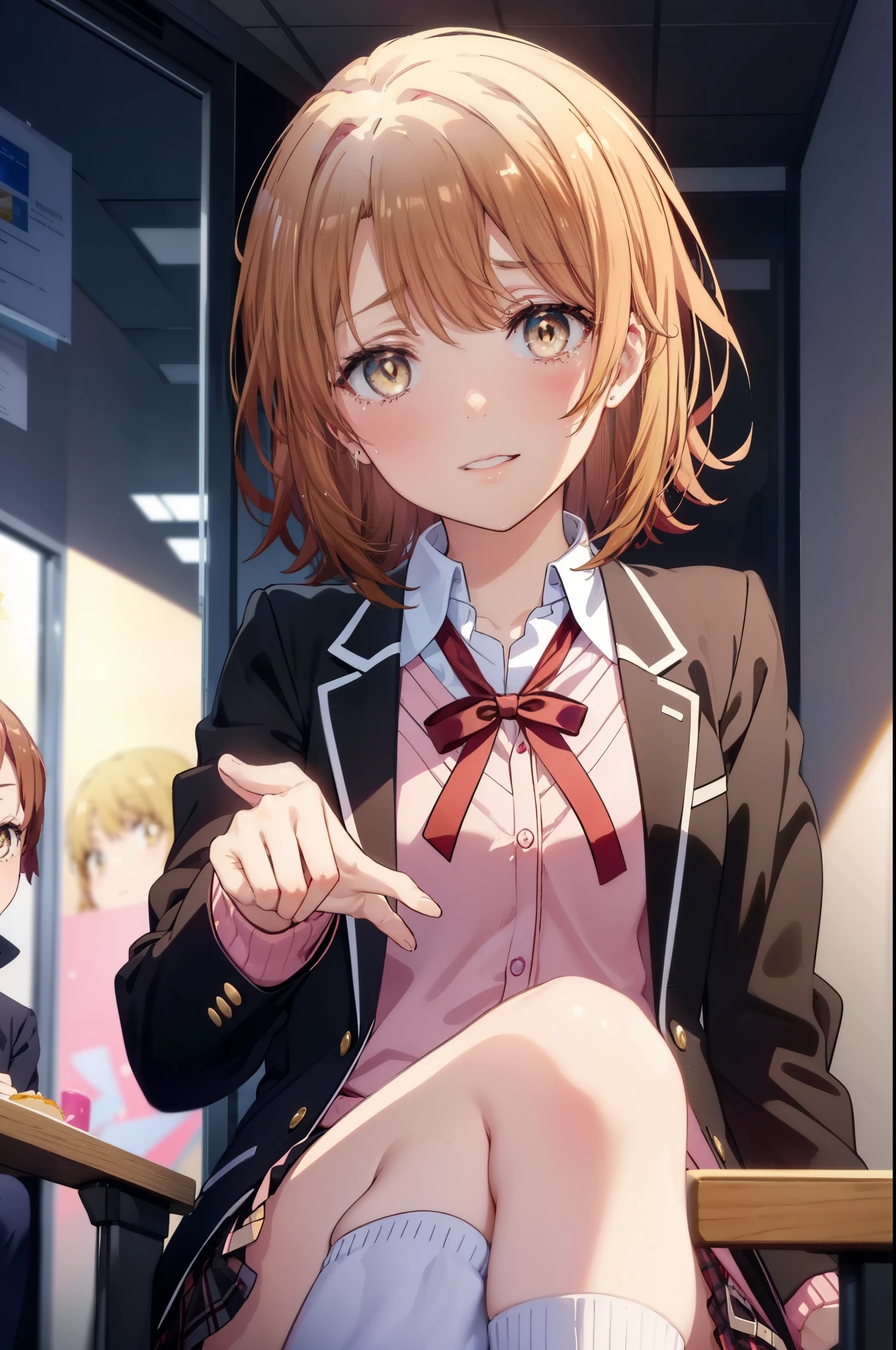 irohaisshiki, Isshiki Iroha, short hair, light brown hair, (brown ruby eyes:1.5), smile,tears run down her face,tears of joy、I cry a lot、break skirt, shirt, ribbon, , Jacket, white shirt, open clothes, socks, open Jacket, black Jacket, plaid, knee high, plaid skirt, blazer, cardigan, black socks, pink cardigan,Cake Buffet, the room is expensive ,birthday,There is a birthday cake on the table,sitting in a chair,confetti,
break indoors,coffee shop ,
break looking at viewer,
break (masterpiece:1.2), highest quality, High resolution, unity 8k wallpaper, (shape:0.8), (beautiful and detailed eyes:1.6), highly detailed face, perfect lighting, Very detailed CG, (perfect hands, perfect anatomy),