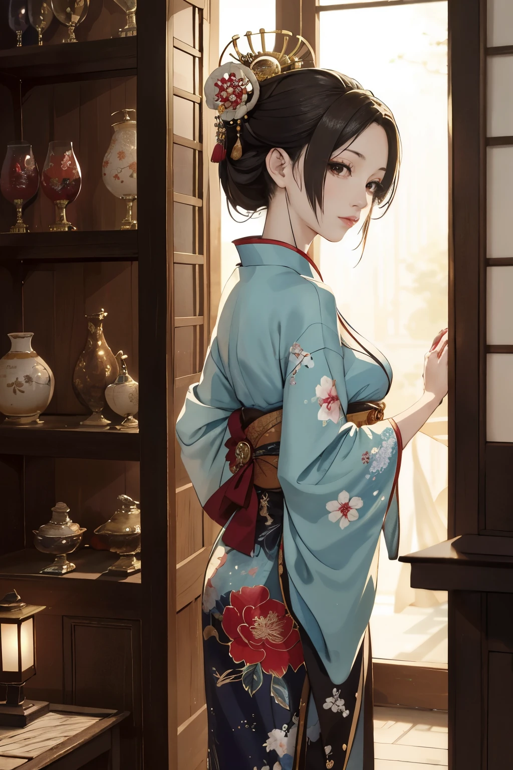 Masterpiece, highest quality, extremely detailed CG Unity 8k wallpaper showcasing early modern Japan during the Edo period and the elegant courtesans of Yoshiwara in Yoshino Tayu's pleasure quarters. Admire the ultra-detailed, ultra-high resolution (realism: 1.4) image of the oiran, adorned with intricate glass beads and luxurious kimonos, bathed in cinematic lighting and captivating backlighting that brings their captivating beauty to life. Observe their traditional sexual customs and the sophisticated atmosphere of the pleasure quarters.