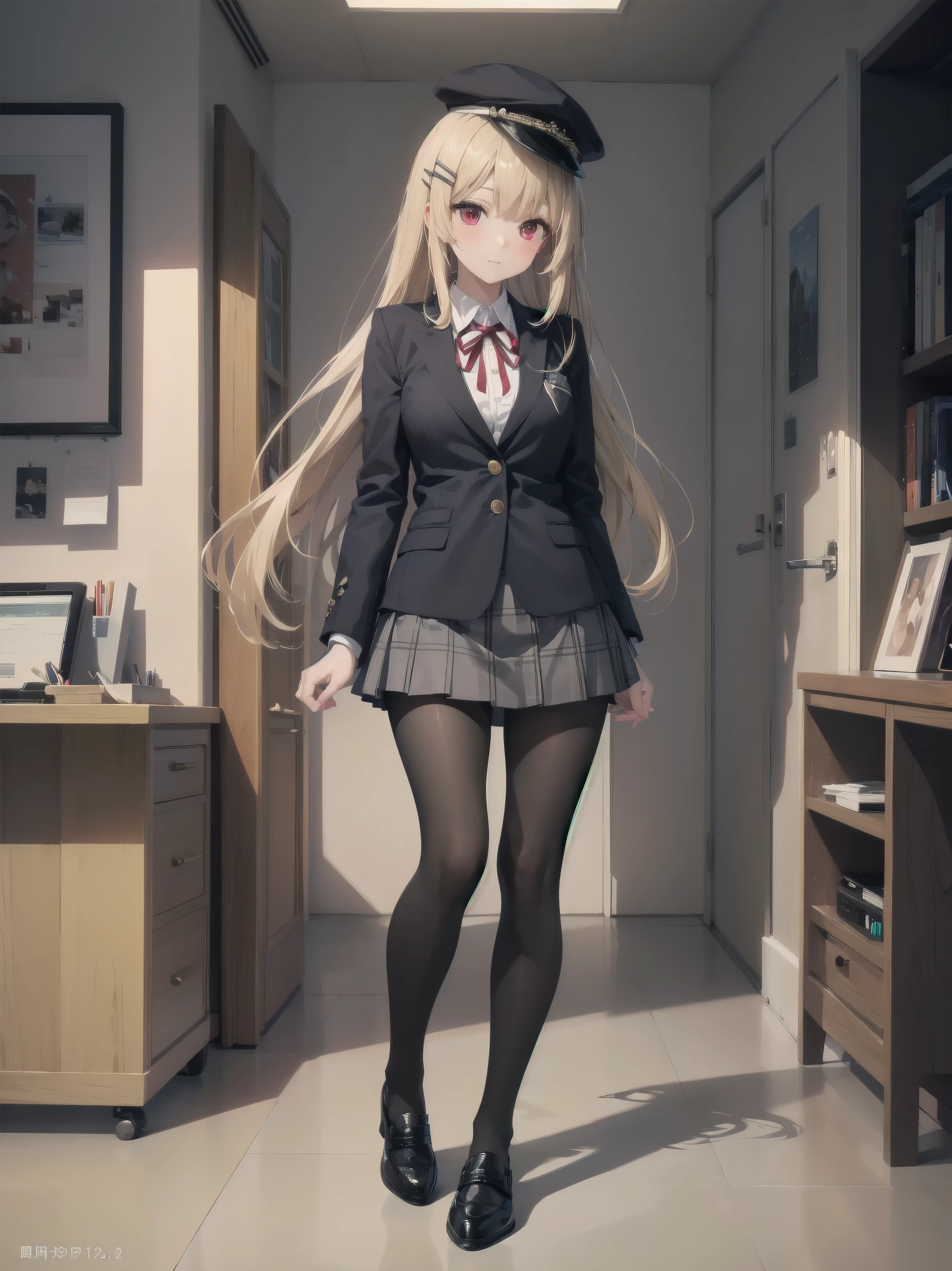 (Masterpiece: 1. 2), (Top quality: 1. 2), Anime girl, One, Blonde hair, Hair clip on right side of forelock, Black cap, Wine red eyes, White female shirt, Brand grey blazer, Small red ribbon across chest, Office clothes, One size larger shirt, Checked priss skirt, Black tights, tights with fine detail, full body, large breasts, front view, alone, bruised and super cute