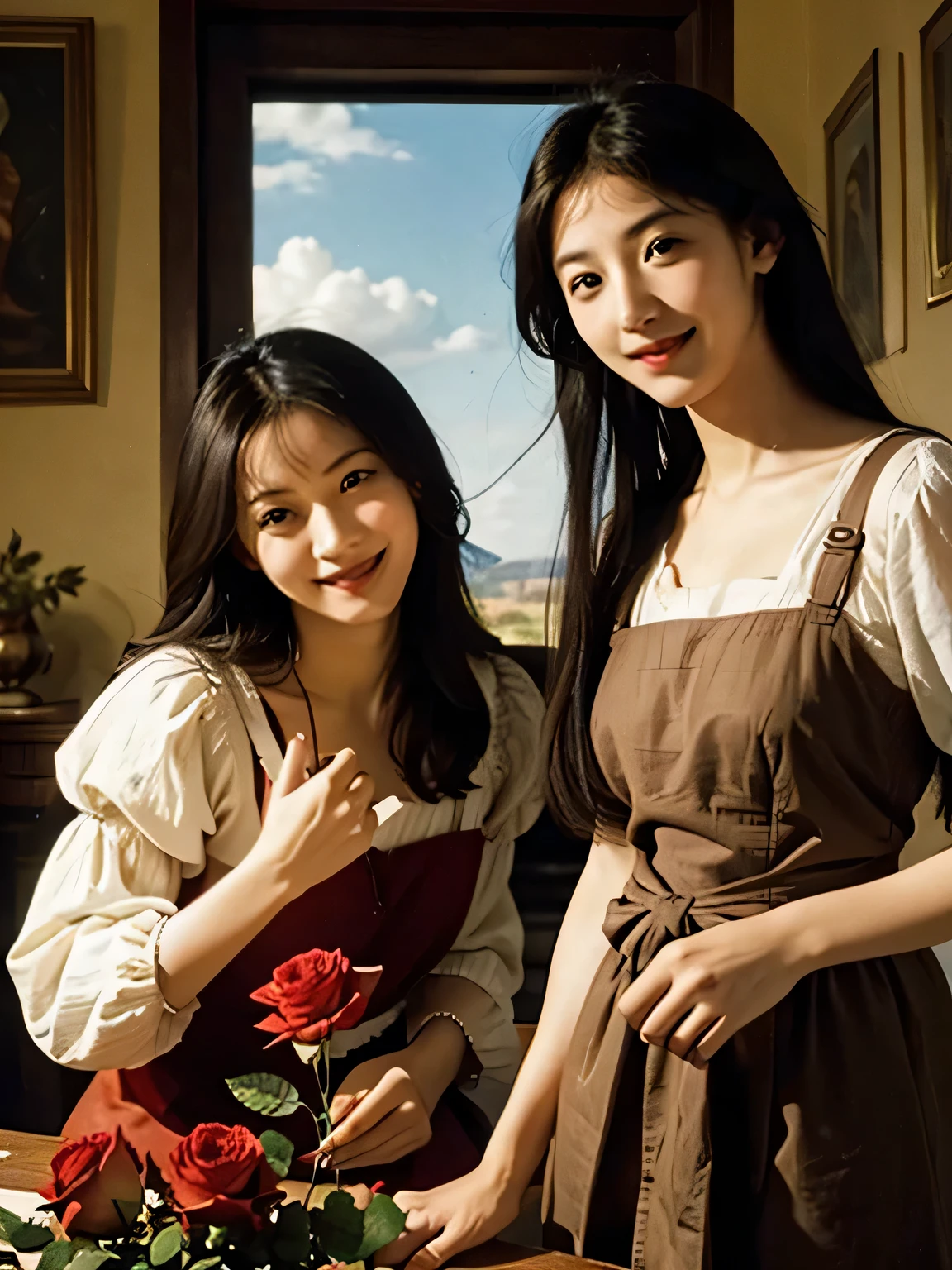 Giorgione painting style,Arguments of two female Philosophe,math、astronomical machine、astronaut、roses in vase、fruits、Cute trinkets、smile、ancient greek costume、Ancient Roman landscape in the style of Nicolas Poussin,laughter,,Sweet and seductive appearance.、Caravaggio's paintings、Chiaroscuro of Caravaggio、hair tousled by the wind,Two women frolicking,cute smile, expression of ecstasy,Sexy,erotic