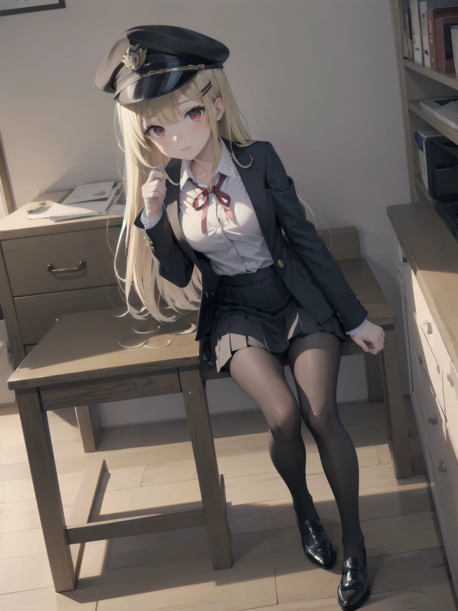 (Masterpiece: 1. 2), (Top quality: 1. 2), Anime girl, One, Blonde hair, Hair clip on right side of forelock, Black cap, Wine red eyes, White female shirt, Brand grey blazer, Small red ribbon across chest, Office clothes, One size larger shirt, Checked priss skirt, Black tights, tights with fine detail, full body, large breasts, front view, alone, bruised and super cute