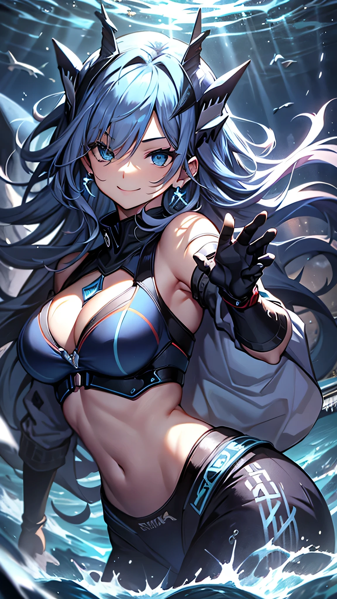 最high quality、best image quality、masterpiece、girl((20-year-old、 By becoming、vest bust、medium bust,wide open breast tea、shining eyes, water hair、long hair、thin,highest valley、blue sports bra、Blue sports pants,diamond earrings、Wristband、black gloves、swimming、Sea、smile、smile、wave hands、seductive pose)),high quality、beautiful art、background((deep sea、Sea、shark、))、Flight、debris flies、Depth of written boundary、movie、visual art、perfect art、8K,genuine、Sea art、anime style