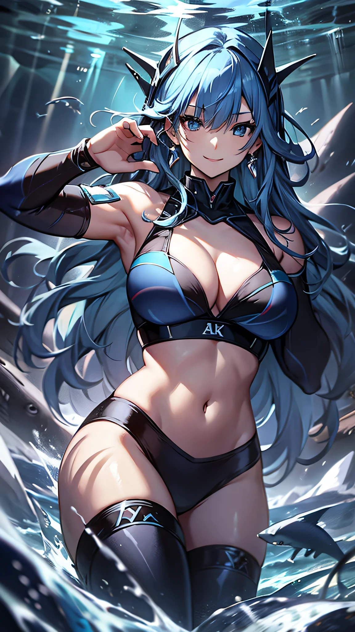 最high quality、best image quality、masterpiece、girl((20-year-old、 By becoming、vest bust、medium bust,wide open breast tea、shining eyes, water hair、long hair、thin,highest valley、blue sports bra、Blue sports pants,diamond earrings、Wristband、black gloves、swimming、Sea、smile、smile、wave hands、seductive pose)),high quality、beautiful art、background((deep sea、Sea、shark、))、Flight、debris flies、Depth of written boundary、movie、visual art、perfect art、8K,genuine、Sea art、anime style