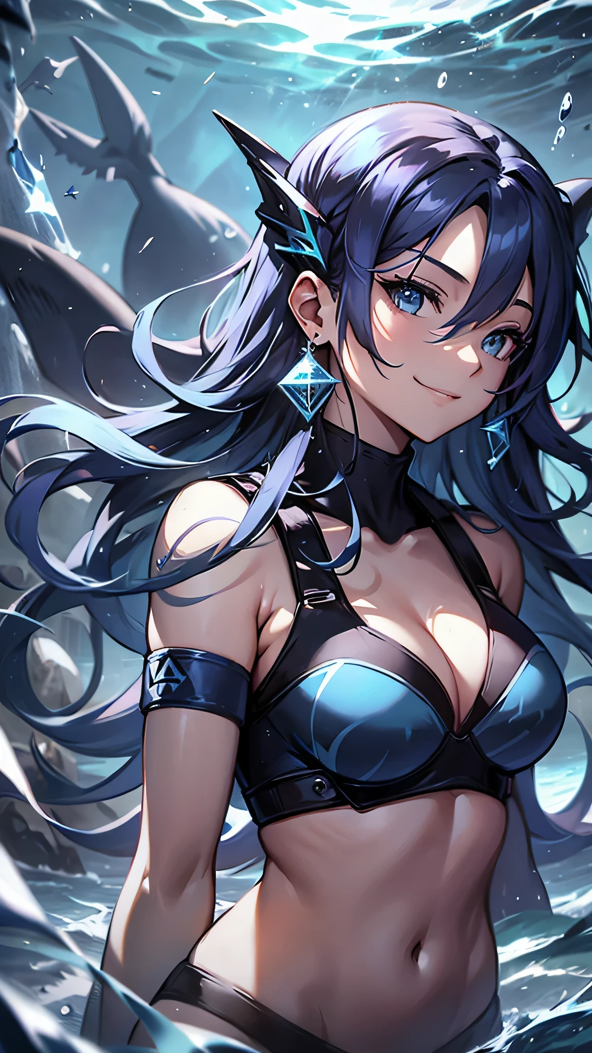 最high quality、best image quality、masterpiece、girl((20-year-old、 By becoming、vest bust、medium bust,wide open breast tea、shining eyes, water hair、long hair、thin,highest valley、blue sports bra、Blue sports pants,diamond earrings、Wristband、black gloves、swimming、Sea、smile、smile、wave hands、seductive pose)),high quality、beautiful art、background((deep sea、Sea、shark、))、Flight、debris flies、Depth of written boundary、movie、visual art、perfect art、8K,genuine、Sea art、anime style