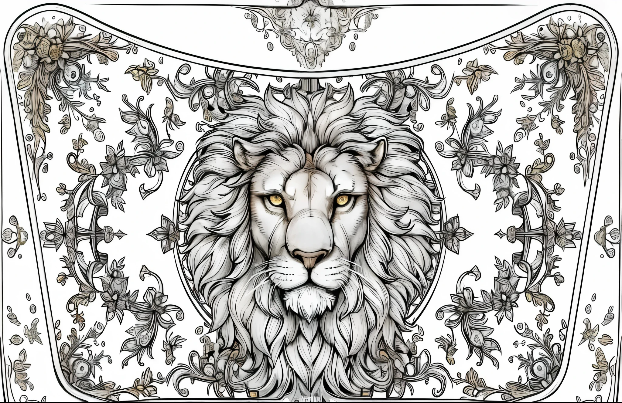 Vector design of a lion on an oval bag with a patterned design around the edges, the front is dominated by the image of a huge lion's head in vintage style, with an overall round shape, and within the perimeter around the circle, surrounded by vines, a lion's head, and blossoming vines. The centre of the composition, the lion's head, is decorated with vines. This is an adult colouring piece with black text on the page, fine detail, perfect lines and no shading. There are decorative borders on all four sides.
