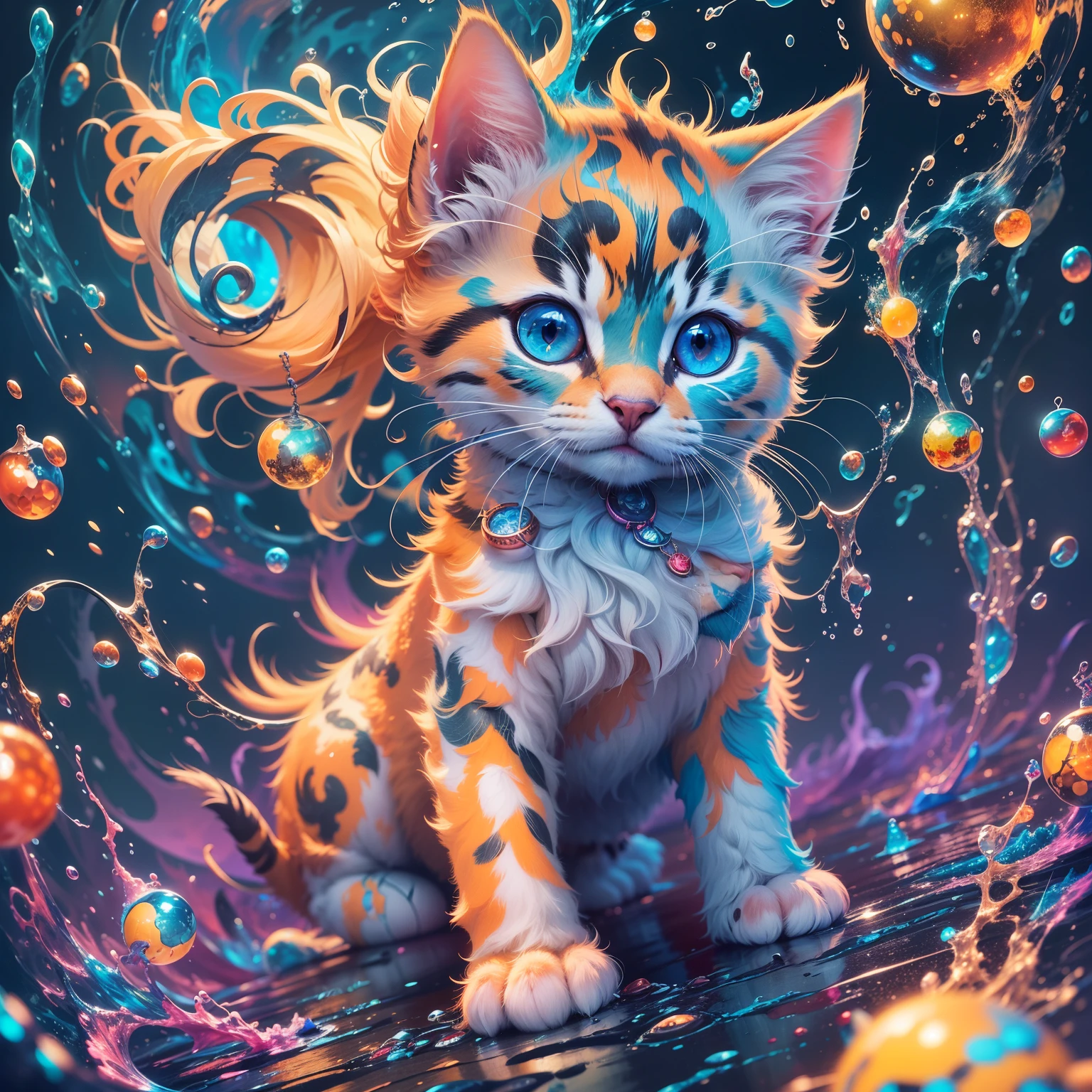 splash art, A cute kitten made of liquid liquid,splash style of color paint, Super detailed complex detailed, fantastic, intricate details, splash screen, complementary colors, fantasy, concept art, 8K resolution, Transgressive masterpiece, Moonlight shines