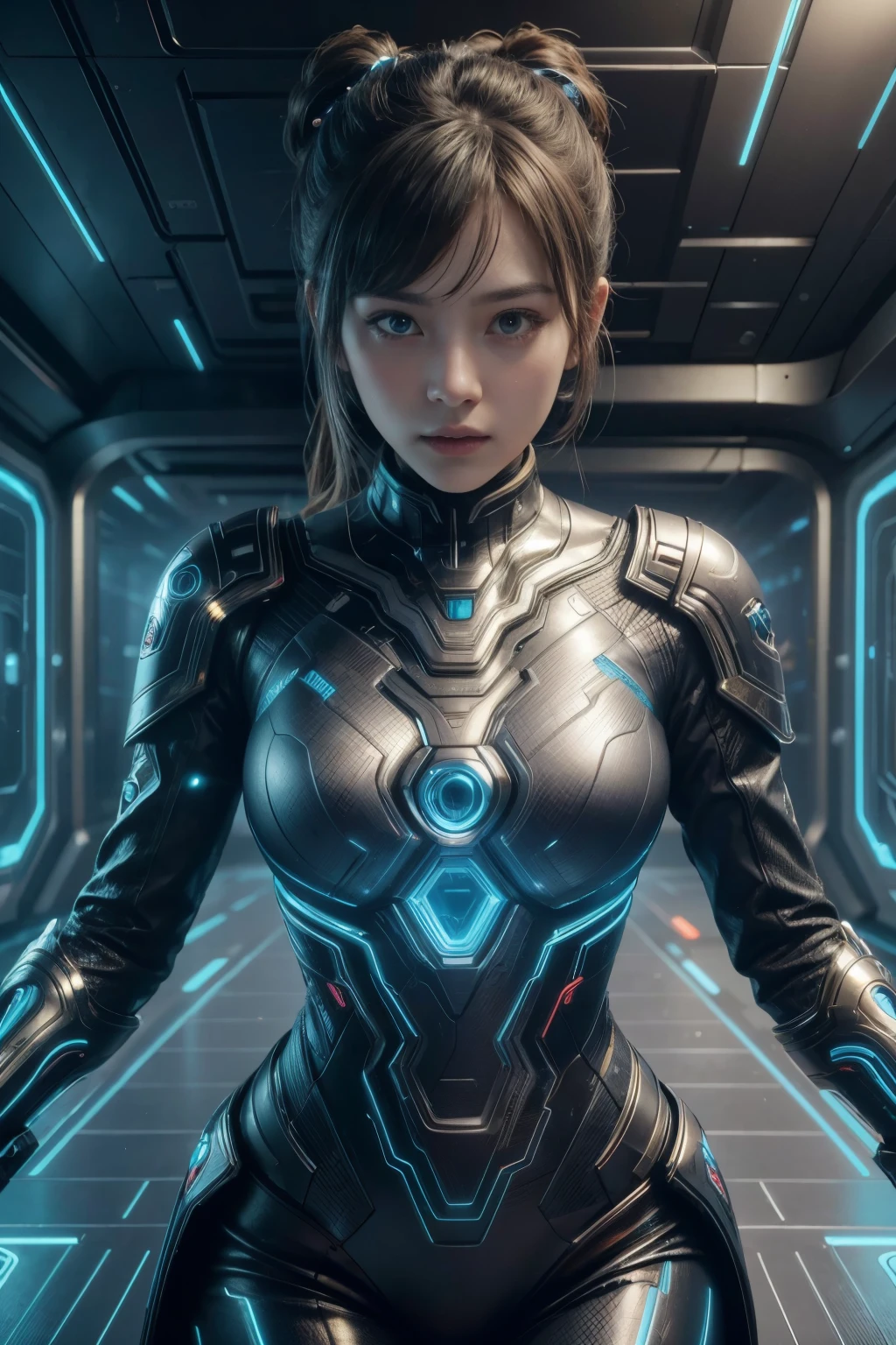 (high quality), (masterpiece), (detailed), 8K, Hyper-realistic portrayal of a futuristic (1girl1.2), Japanese character immersed in a Tron-inspired circuit environment. Meticulous details capture the seamless blend of tradition and innovation in this visually stunning composition. Trending on Artstation.