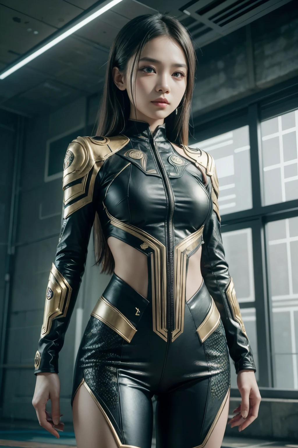 An Indonesian-styled futuristic suit worn by a girl depicting cultural fusion and modern fashion. The suit is adorned with intricate patterns and vibrant colors, showcasing the rich heritage of Indonesia. The girl stands confidently in a dynamic pose, with her detailed eyes reflecting determination and curiosity. The suit's material is a combination of traditional textiles and futuristic synthetic fabrics, giving it a unique and avant-garde appearance. The overall image quality is of the highest standard, with sharp focus and ultra-detailed rendering. The artwork employs physically-based rendering techniques, resulting in realistic lighting and shadows. The colors are vivid and vibrant, capturing the essence of Indonesian cultural aesthetics. The background features a fusion of modern architecture and traditional elements, creating a harmonious blend of the past and the future. The prompt explores the intersection of Indonesian culture, futuristic design, and the artistic representation of a confident girl