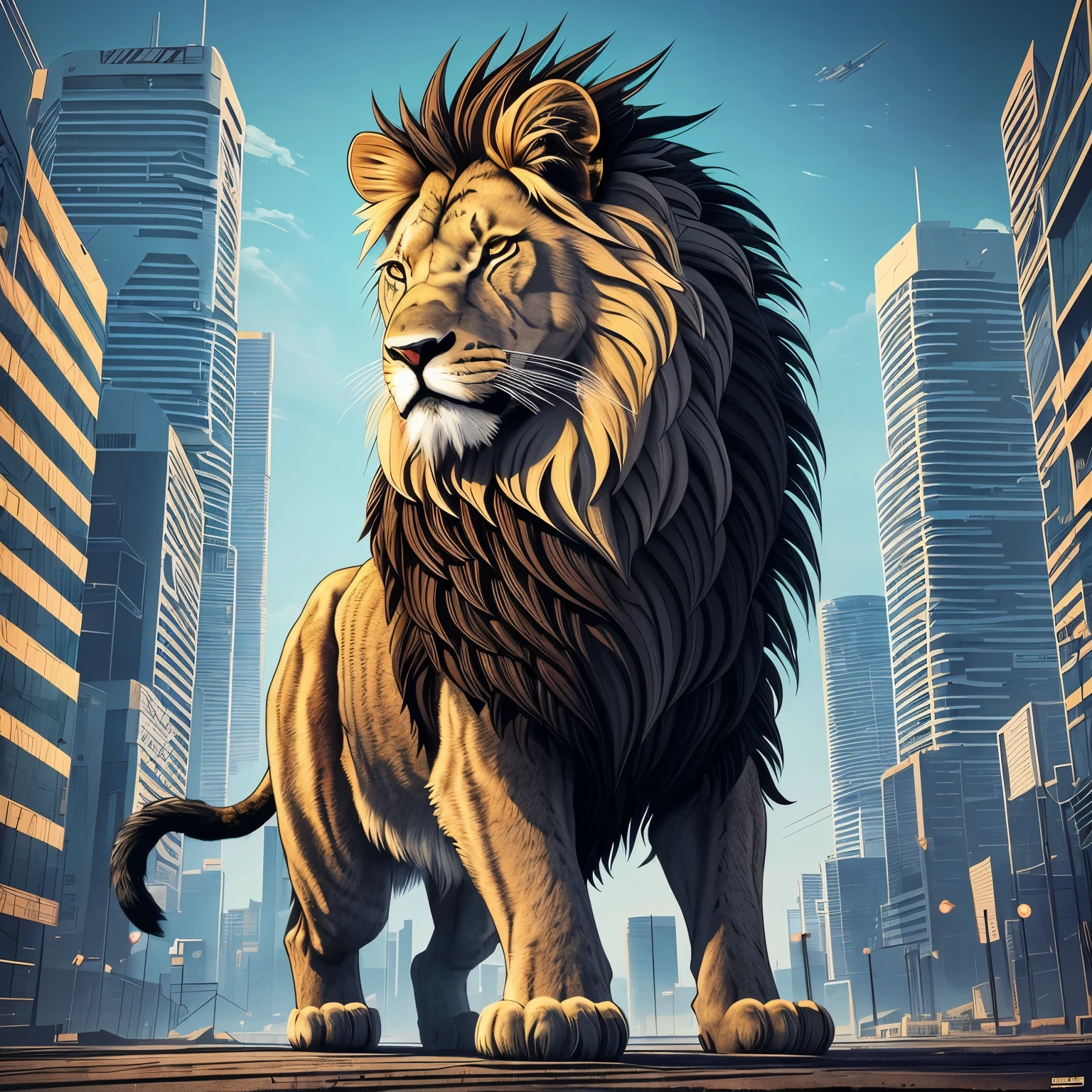 Cyberpunk style wild lion, animal, o visual deve ser para o espectador, design para estampa de camiseta, estilo realista, Super lindo,detalhado, imagem de alta qualidade, cinematic resolution, 2d, Vetor, Plane