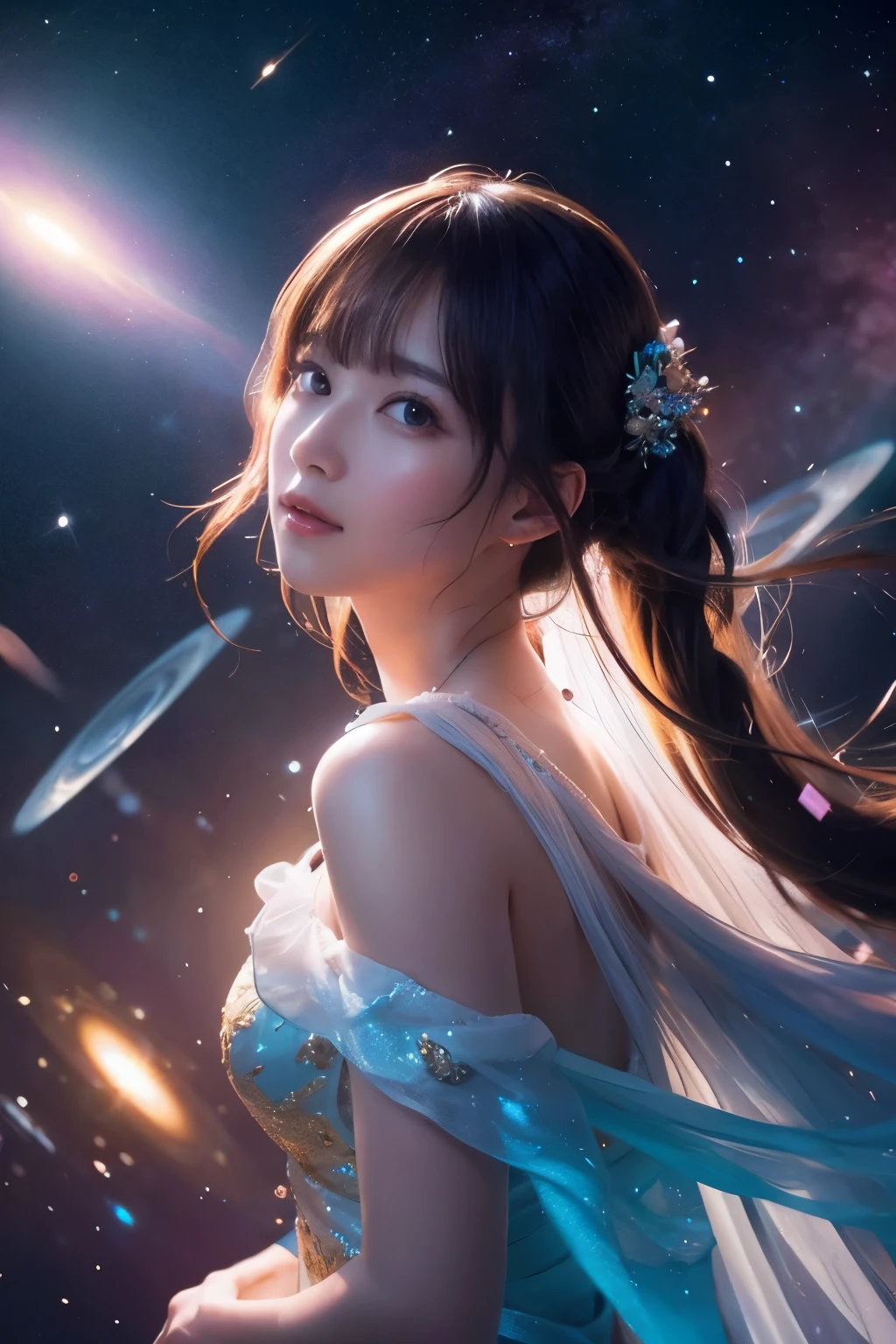 High quality, Best Quality, masutepiece, Detailed portrait of a woman 1 girl, Long hair, (floating, spaces, Galaxy, Colorful), Warm lighting, Goddess, Galaxy, Scenery, Multicolored corollas of hair, {{{Best Quality}}}, {{Ultra-detailed}}, {Illustration}, Cinematic Angle, {Detailed light},Cinematic lighting, celestial, Dynamic Pose
