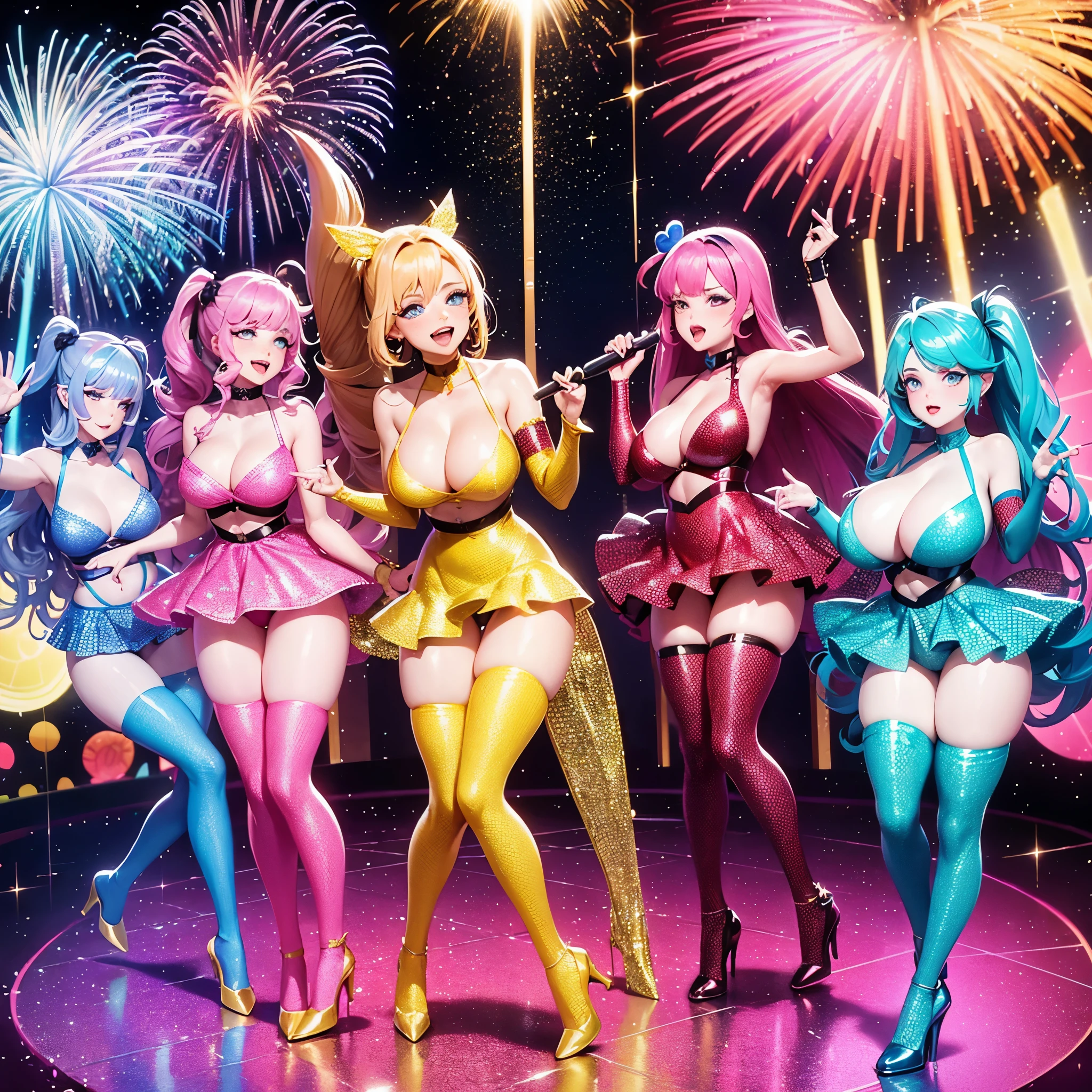 A girl band, 4 women ((varied height, varied age)cute, big colorful hair, click bait outfits, sequins) dance and sing center stage. glitter bombs. fireworks