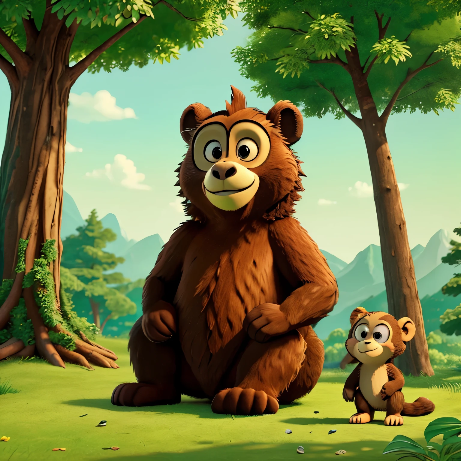 Create a picture of the forest clearing there should be a bear and a monkey in the picture. Make them look excited. High quality images and details of the bear and the monkey. Only the bear and the monkey should appear in the image.
Cartoon style images for children.