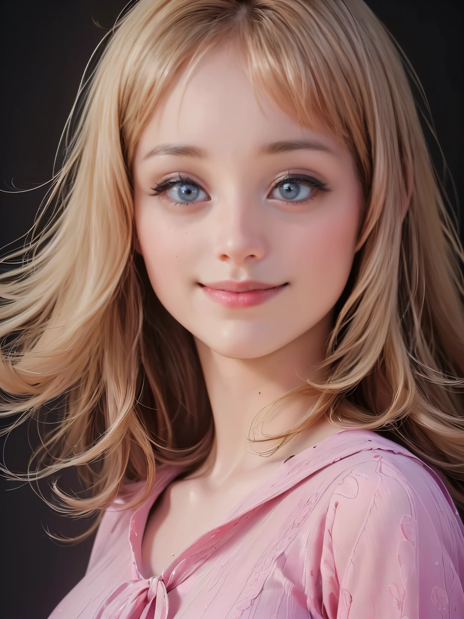(highest quality, 8k, High resolution, realistic:2.0), (((alone, one girl)))、Japanese cute idol、singer、22 years old、 use pink glossy lipstick,eye swelling、(girl with big beady eyes:1.5)、((round face, smile, big breasts,big ))、flushed complexion、Cute whole body pose、ponytail、
