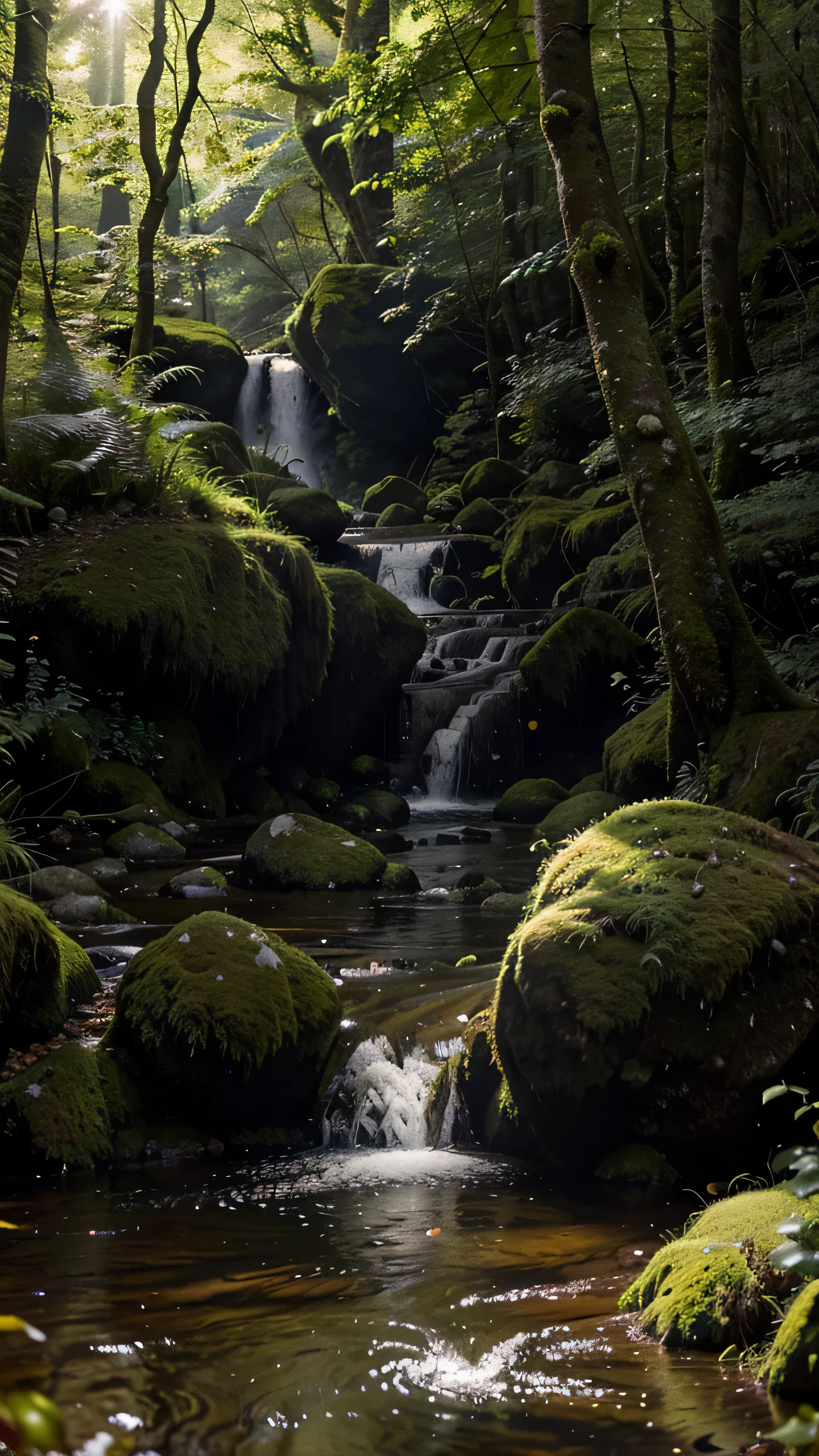 Describe this image in detail: The image features a lush, green forest with a stream running through it. The stream is surrounded by mossy rocks and  trees , creating a serene and peaceful atmosphere. The sun is shining down through the trees, illuminating the scene and creating a magical atmosphere. In the foreground, there is a small waterfall, adding to the natural beauty of the forest. The scene is filled with life and energy, with the sun shining through the forest and illuminating the mossy stones and trees.