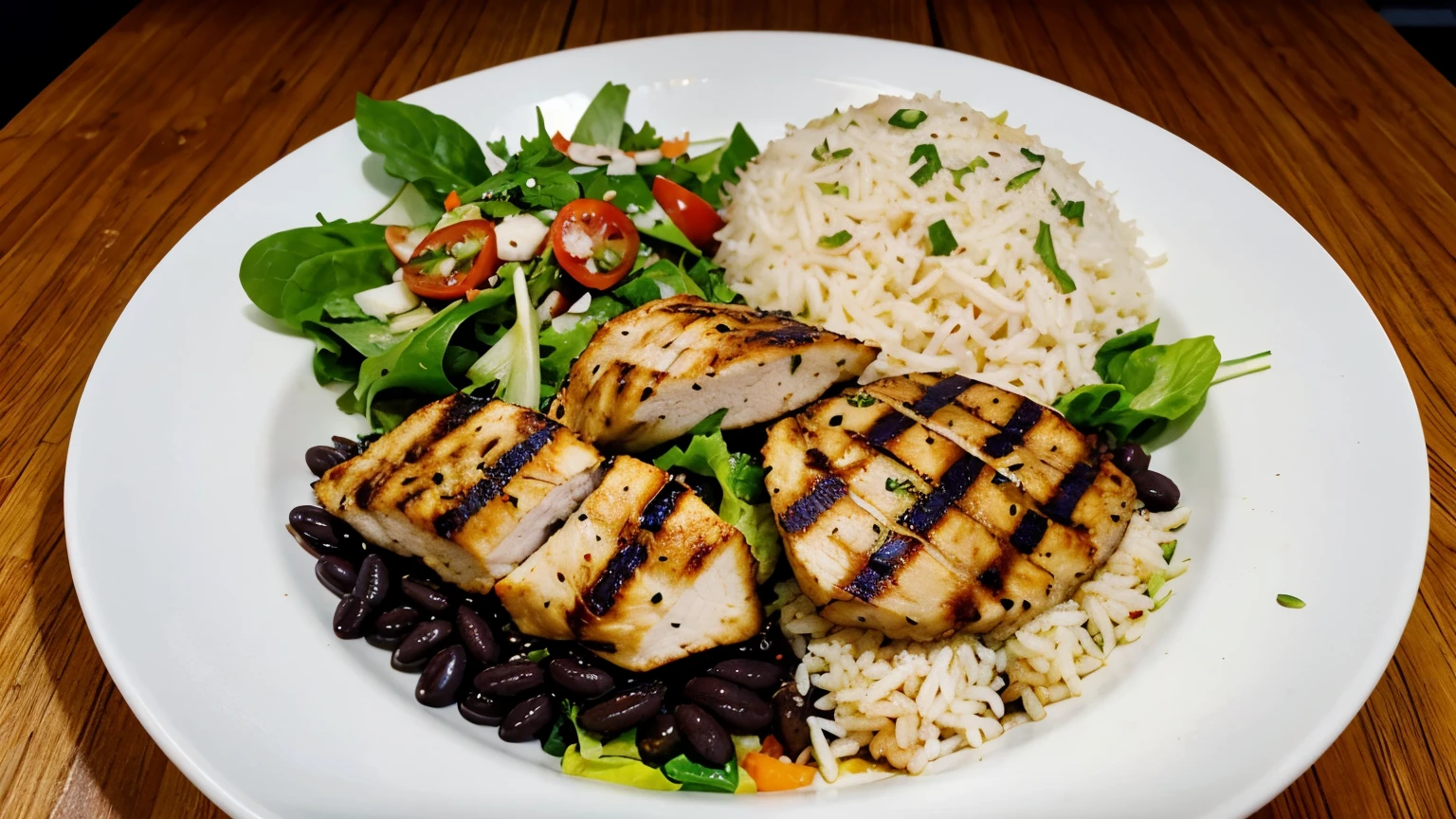 grilled chicken fillet dish, arroz, black bean and lettuce salad, tomate. "Mostrar prato inteiro". saturation at 20%. 