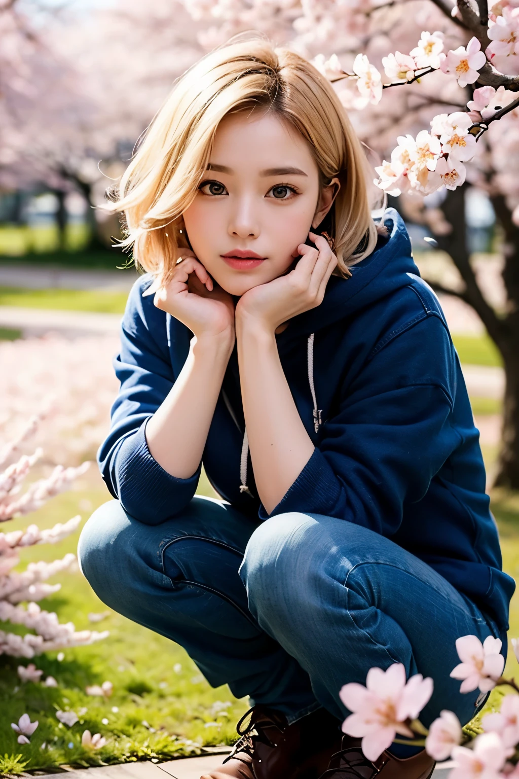 ((highest quality)), ((masterpiece)), (be familiar with), perfect face, Portrait, (beautiful eyes), ((Put your hands on your chin)), short hair, blonde, plump breasts, hoodie, jeans, (squatting down), Clear skies, garden, ((Cherry blossoms in full bloom in the background)), looking up at the camera