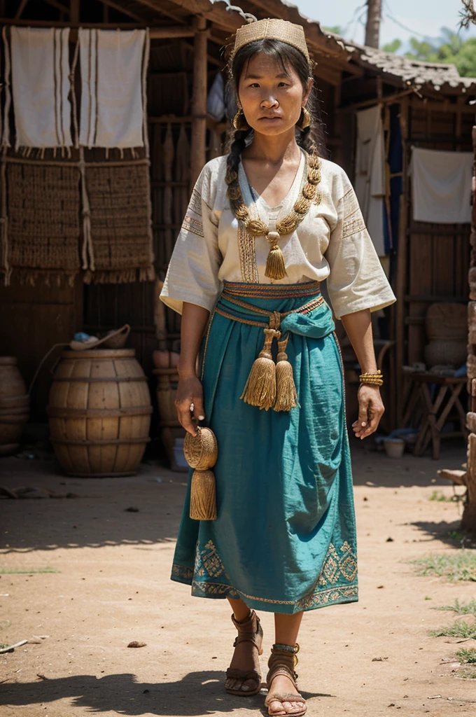 In this charming photograph The long neck of an old Kayan woman was decorated with many brass rings. By wearing shoes woven from rope. The backdrop is their village. and intricate patterned shirts This image showcases the unique culture of the Kayan people. The natural light highlights the rich colors of their traditional clothing.