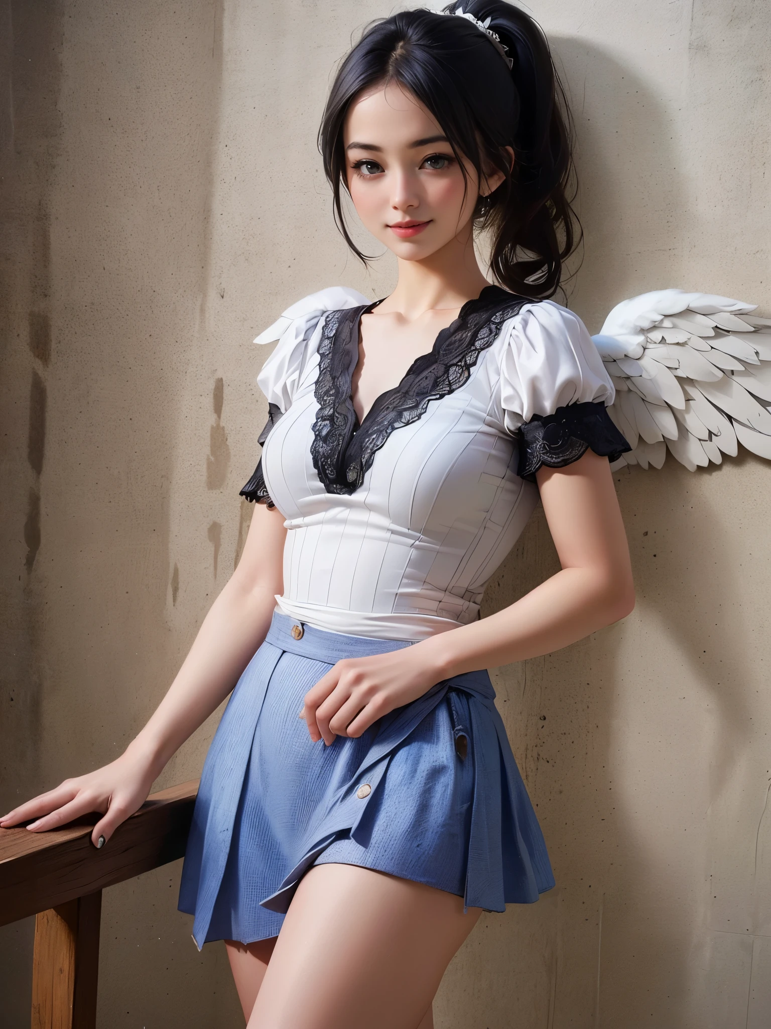 (highest quality, 8k, High resolution, realistic:2.0), (((alone, one girl)))、I am Japanese、cute idol、singer、22 years old、Like an angel in a white dress、 use pink glossy lipstick,eye swelling、(girl with big beady eyes:1.5)、((round face, smile, big breasts,big ass))、flushed complexion、Cute whole body pose、ponytail、