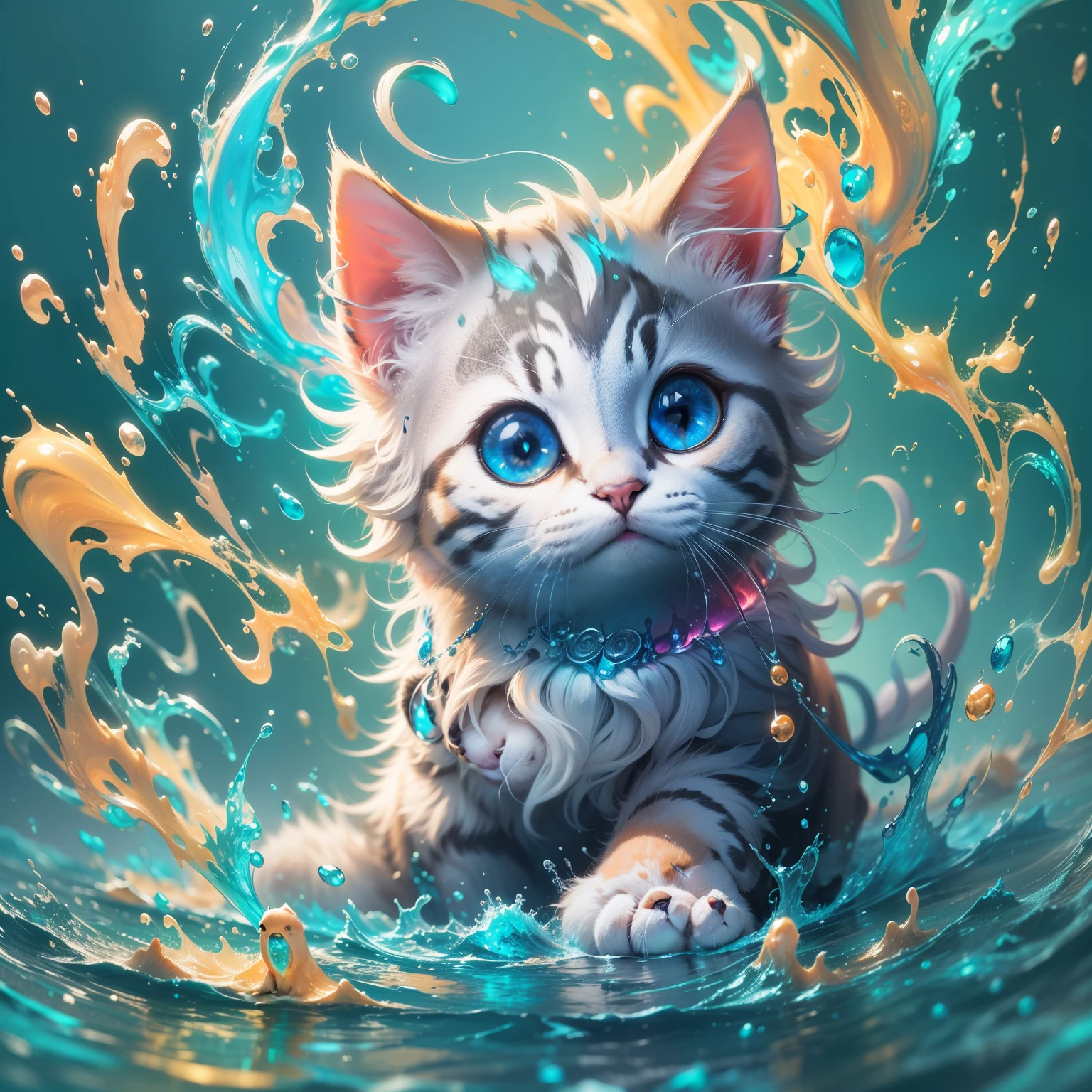 splash art, A cute kitten made of liquid liquid,splash style of color paint, Super detailed complex detailed, fantastic, intricate details, splash screen, complementary colors, fantasy, concept art, 8K resolution, Transgressive masterpiece, Moonlight shines