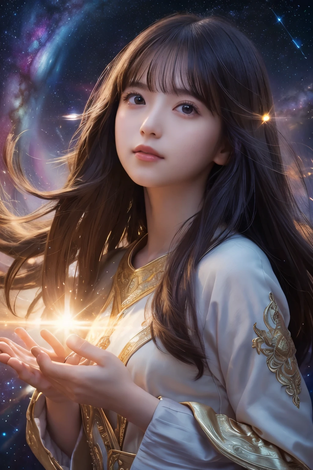 High quality, Best Quality, masutepiece, Detailed portrait of a woman 1 girl, Long hair, (floating, spaces, Galaxy, Colorful), Warm lighting, Goddess, Galaxy, Scenery, Multicolored corollas of hair, {{{Best Quality}}}, {{Ultra-detailed}}, {Illustration}, Cinematic Angle, {Detailed light},Cinematic lighting, celestial, Dynamic Pose